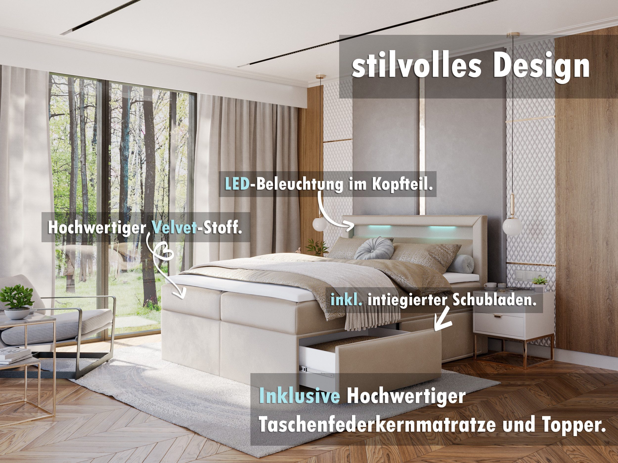 thematys Boxspringbett mit LED Polsterbett Stauraumbett günstig online kaufen