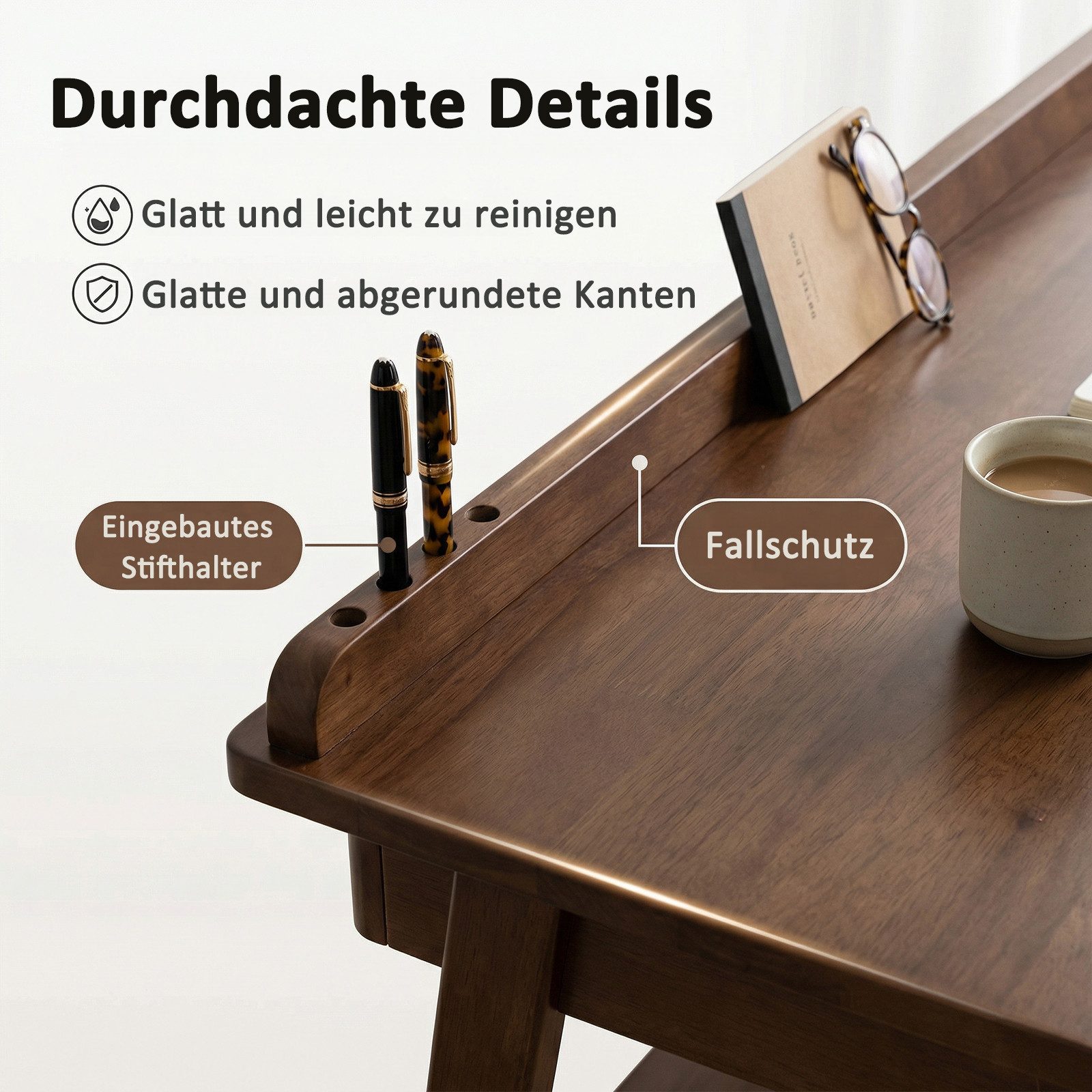 kowdom Schreibtisch Mid-Century Massivholz-Schreibtisch, 120x60 cm, Walnuss, 2 Schubladen (Schreibtisch), Massivholz, 2 Schubladen, mit Ablage, mit Haken, Stifthalter