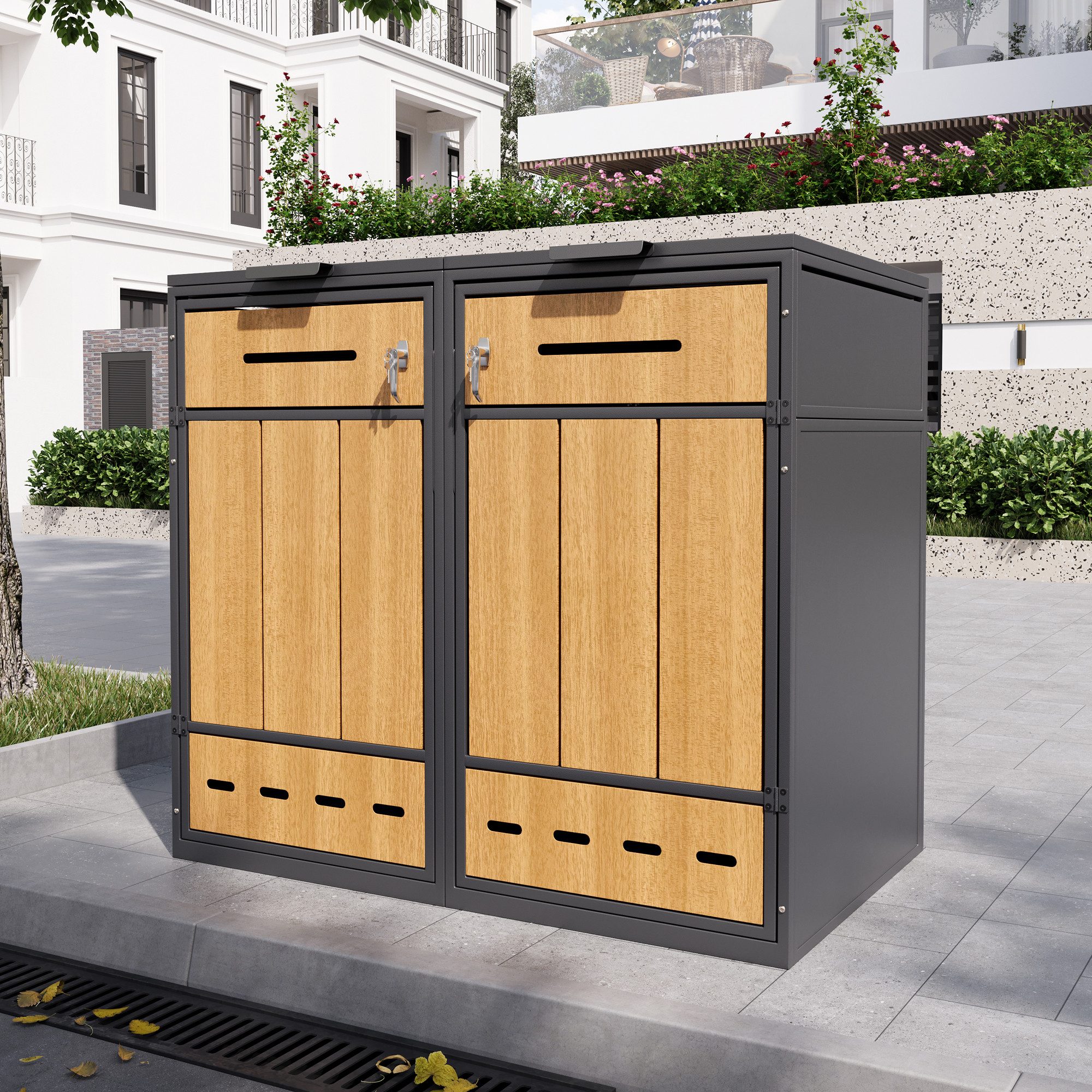 Merax Mülltonnenbox abschließbar für 2 Tonnen 120–240L (1 St), Mülltonnenverkleidung mit Klappdeckel & 2 Türen,Belüftungssystem,Stahl
