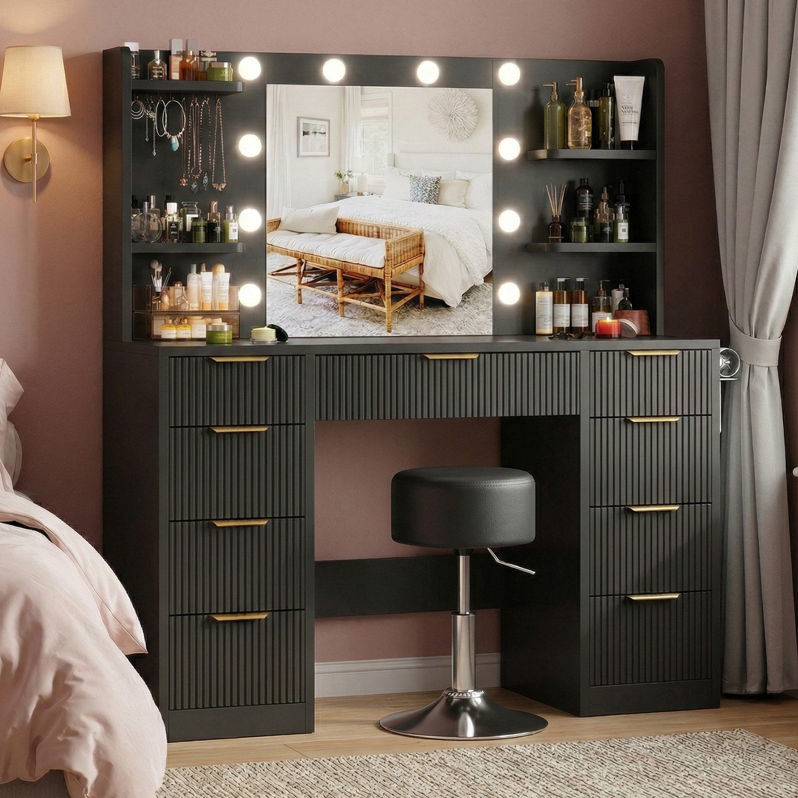 HOMALL Schminktisch Mit dreifarbiger LED-Beleuchtung, mit Spiegel, optional mit Hockern (Maße: 110 x 40 x 137 cm, mit 10 kugelförmigen Lampen, deren Helligkeit und Farbtemperatur einstellbar sind, sowie einer Schublade. Ausgestattet mit 1 USB-Anschluss, 1