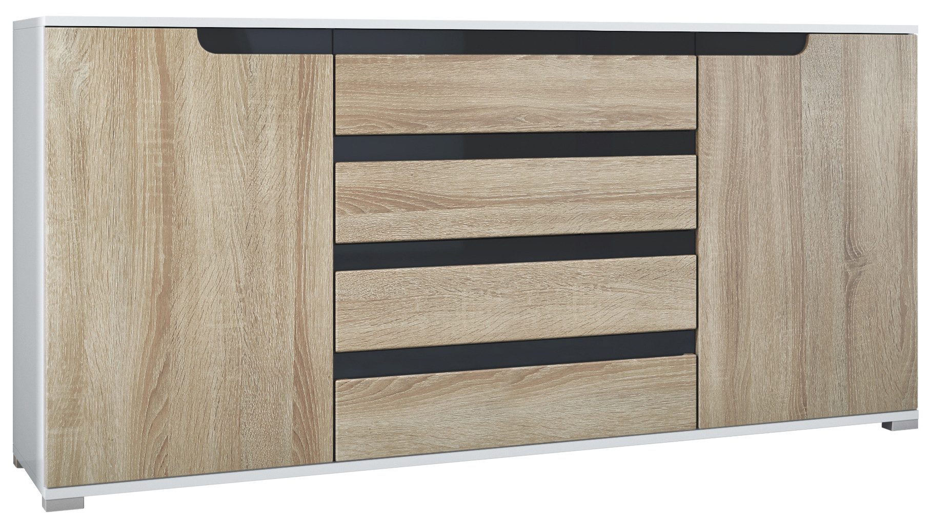 Vladon Sideboard Sylt V2 (Kommode mit 2 Türen und 4 Schubladen, Korpus - Weiß matt / Front - Eiche sägerau), Absetzung - Schwarz Hochglanz (166,5 x 75,5 x 35 cm)