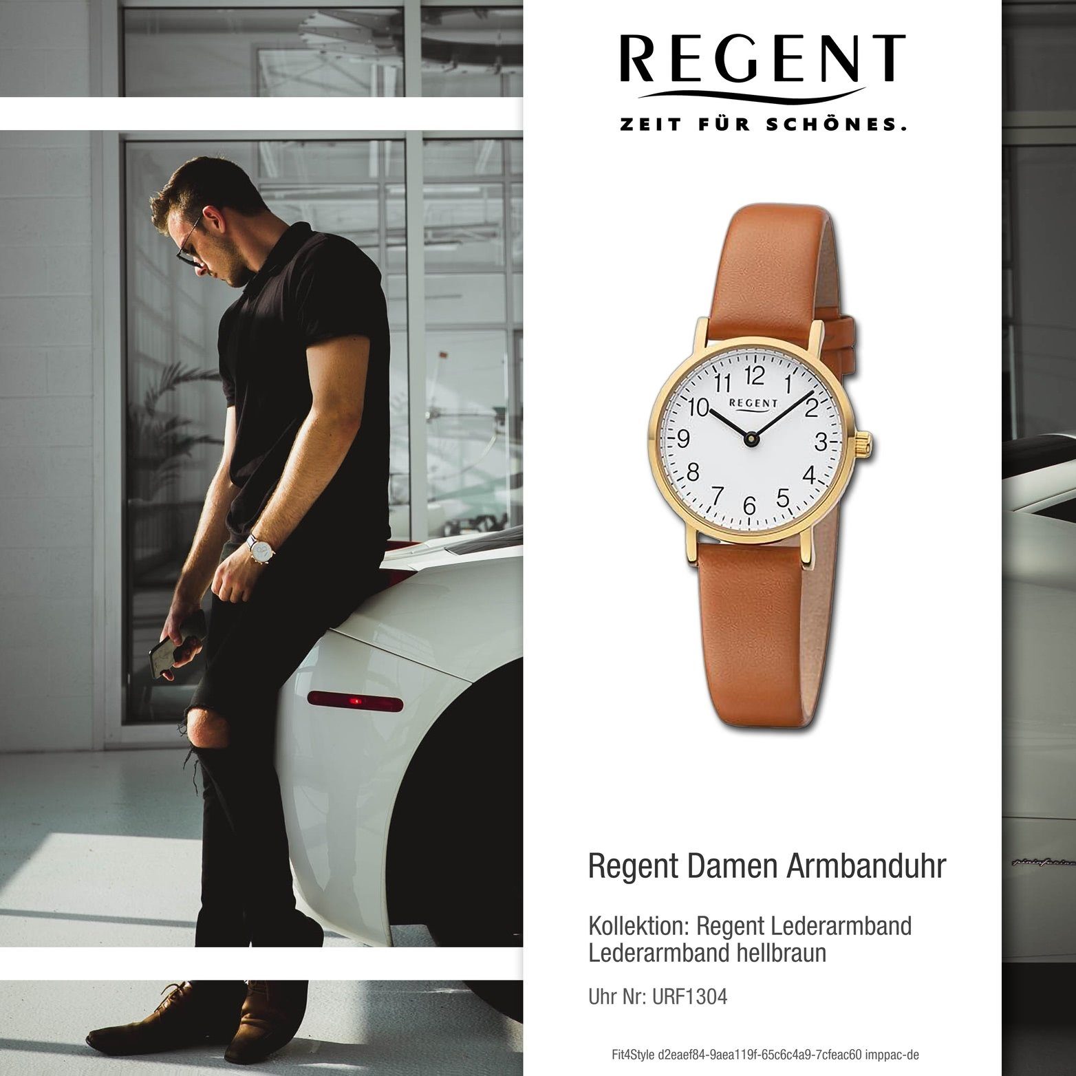 Regent Quarzuhr Regent Damen Analog, Lederarmband extra (ca. 28mm) groß Gehäuse, rundes hellbraun, Damenuhr Armbanduhr