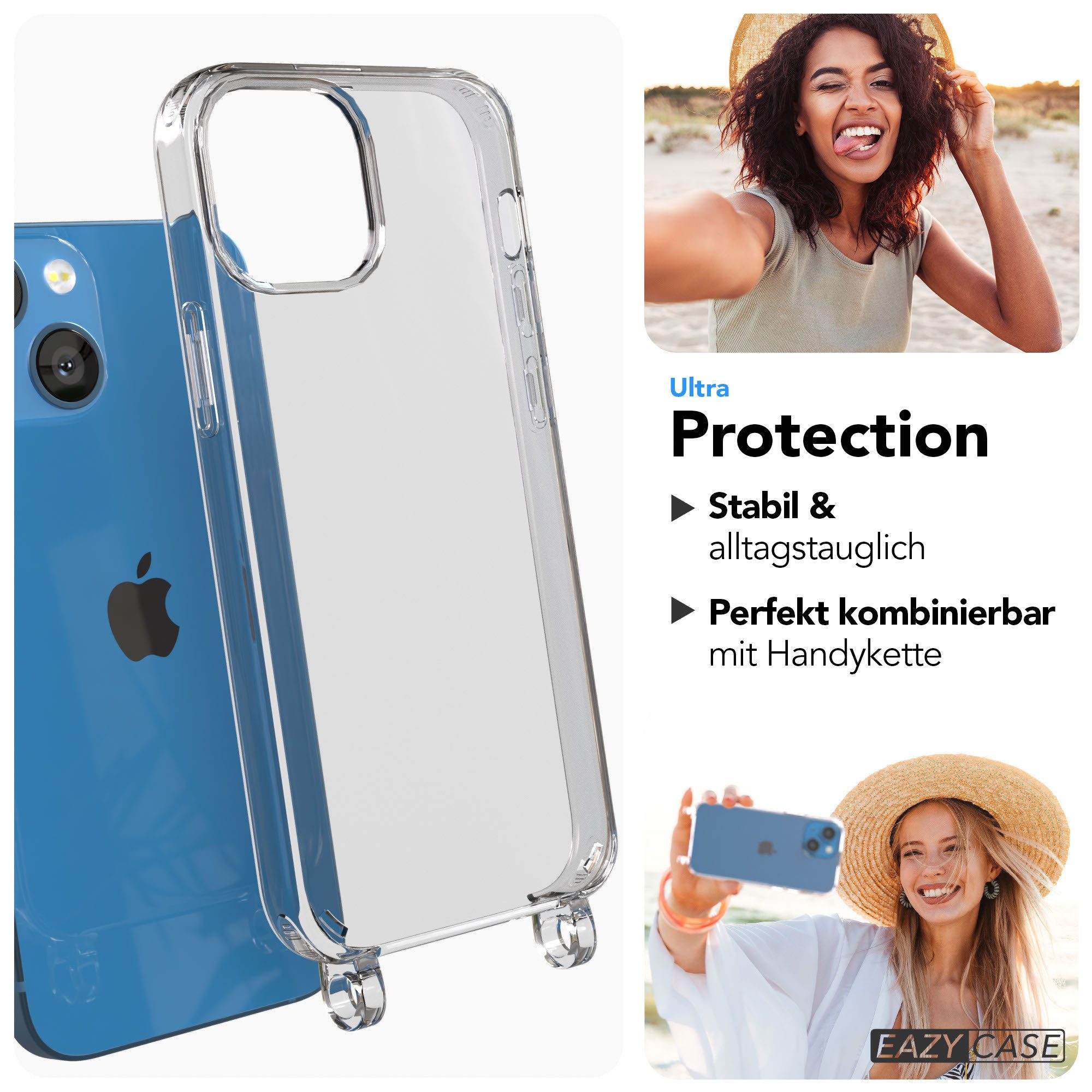 EAZY CASE Handykette Handyhülle für Handyketten mit Befestigungsösen für iPhone Modelle 5,4 Zoll, Hülle für Handykette, Transparent mit Ösen für Apple iPhone 13 Mini