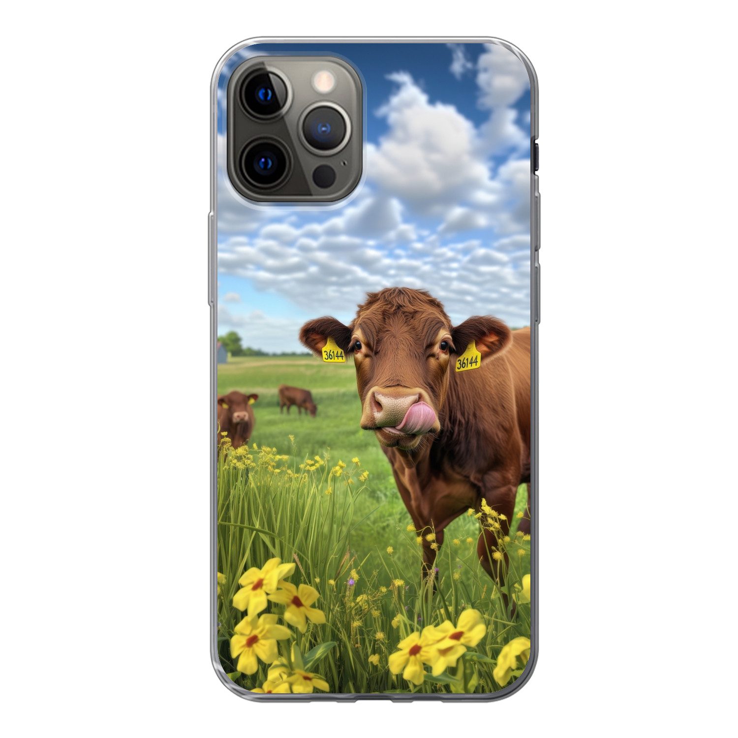 MuchoWow Handyhülle für Apple iPhone 12 Pro Kuh - Wiese - Blumen, Smartphone-Bumper, Print, Handy Schutzhülle Dünn