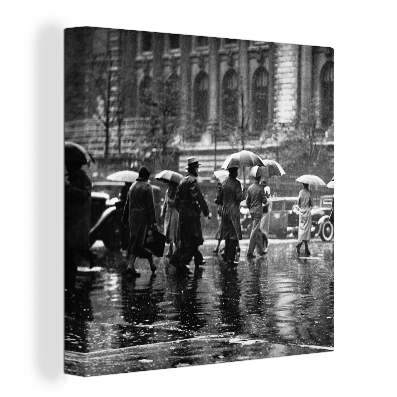 OneMillionCanvasses® Leinwandbild Menschen auf der Straße im Regen in New York - schwarz und weiß, (1 St), Leinwand Bilder für Wohnzimmer Schlafzimmer bunt