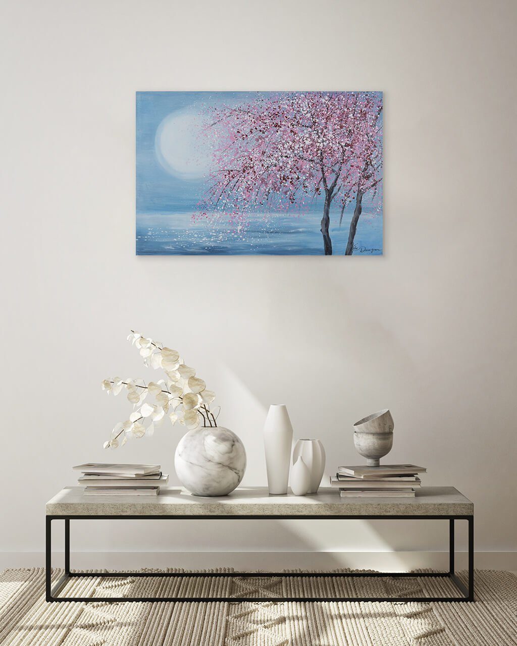KUNSTLOFT Gemälde HANDGEMALT cm, Leinwandbild Wohnzimmer Kirschblütennacht 90x60 Wandbild 100