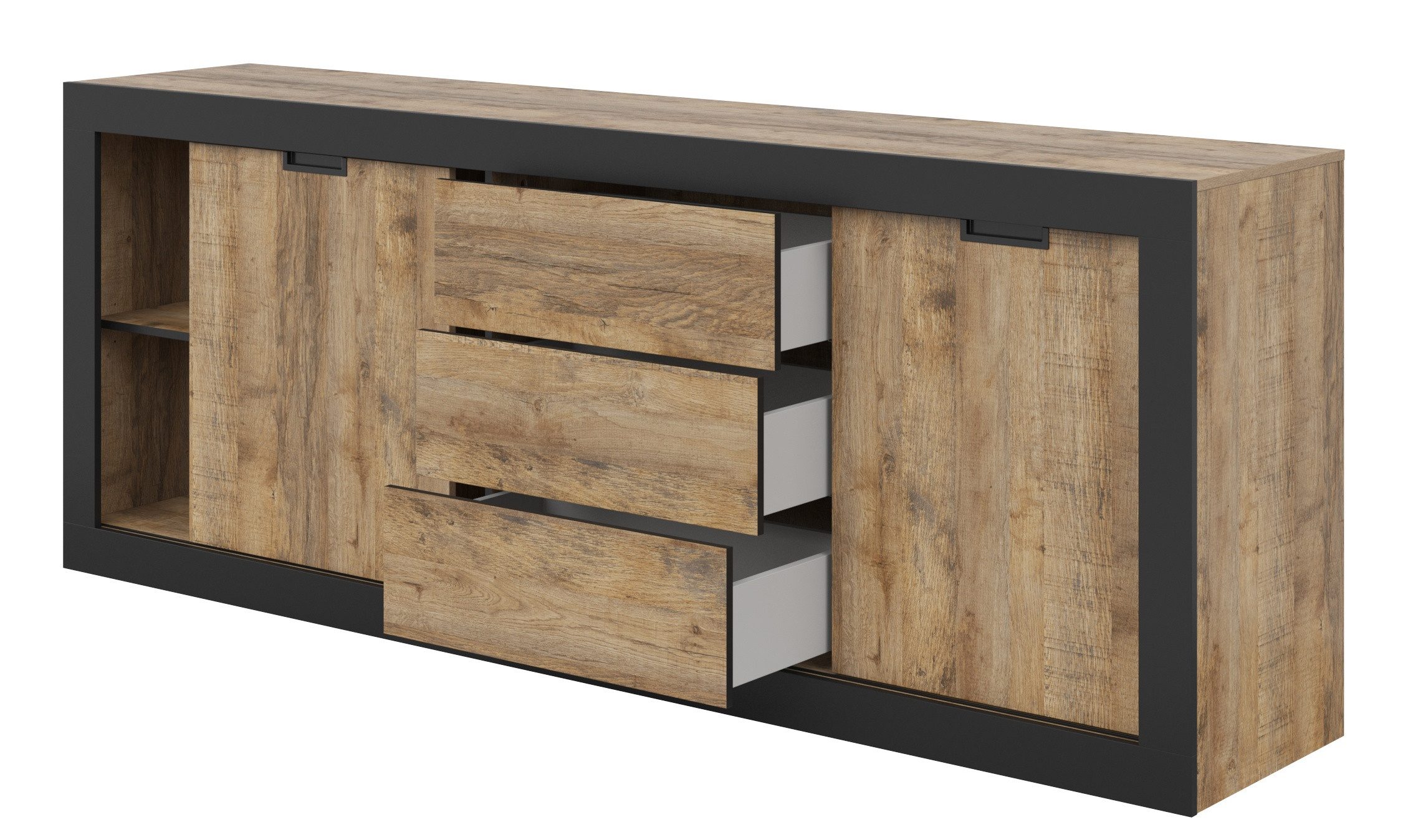 Masseno Kommode DAVOR 220 cm Sideboard mit 3 Schubladen und 2 Türen Eichefarben