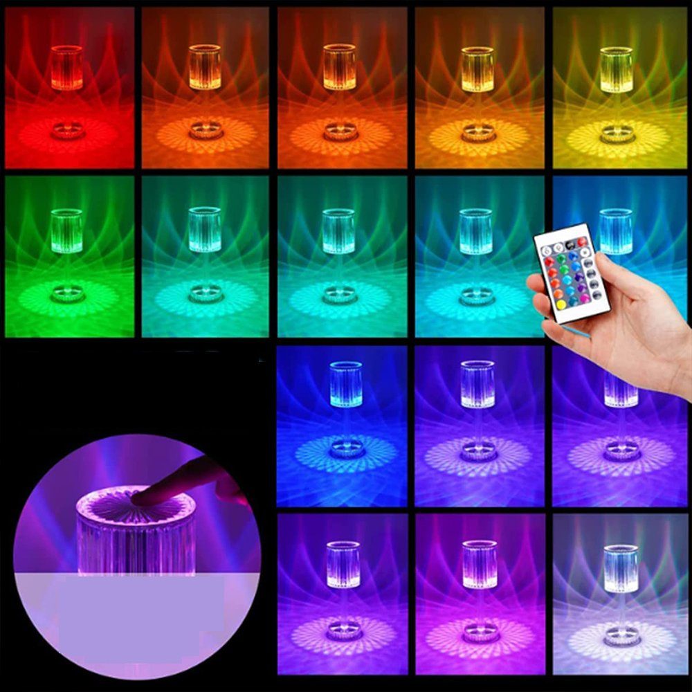 AKKEE Tischleuchte LED Tischlampe Farbwechsel Nachtlicht RGB Diamant Wohnzimmer fest mit integriert, Farbwechsel Dimmbar, LED Restaurant, Nachttischlampe Schlafzimmer Kristall für Fernbedienung, und Warmweiß, Touch