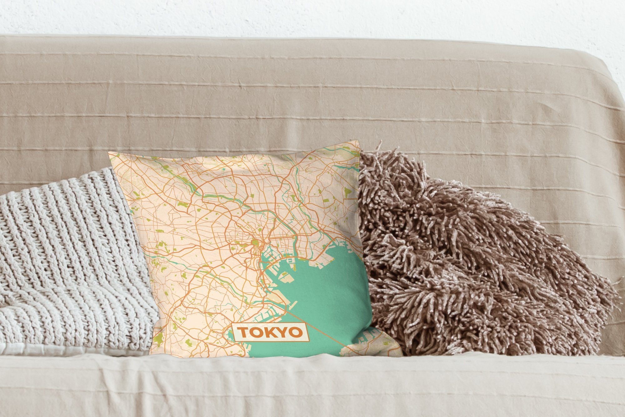 Stadtplan Schlafzimmer, Tokio MuchoWow Wohzimmer, Sofakissen Karte, Dekokissen Füllung - Karte Vintage für - - - Deko, Zierkissen mit