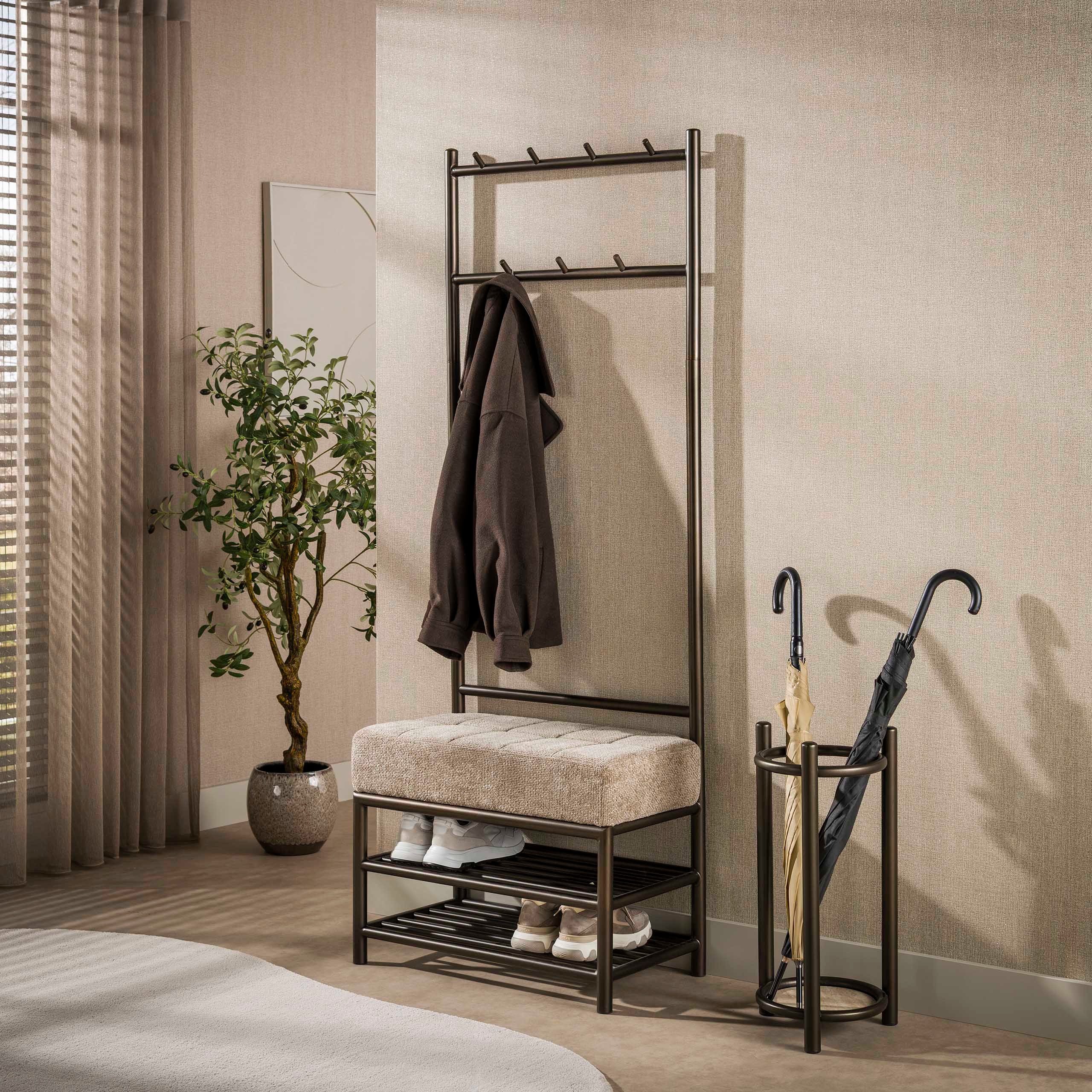 LEVEN Lifestyle Garderobenständer Standgarderobe SONO PUR aus Metall mit Sitzbank und Schuhablage, Metall in Bronze Optik - incl. Sitzkissen - Höhe 183 cm