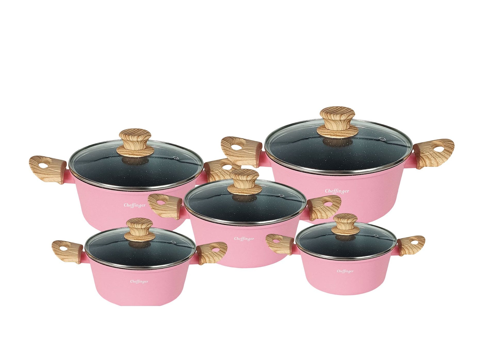 Cheffinger Kochtopf 10-tlg. mit Glasdeckeln – Induktion geeignet, Antihaftbeschichtung, Aluminiumguss (10-tlg), Glasdeckel, Induktionsgeeignet, Antihaftbeschichtet
