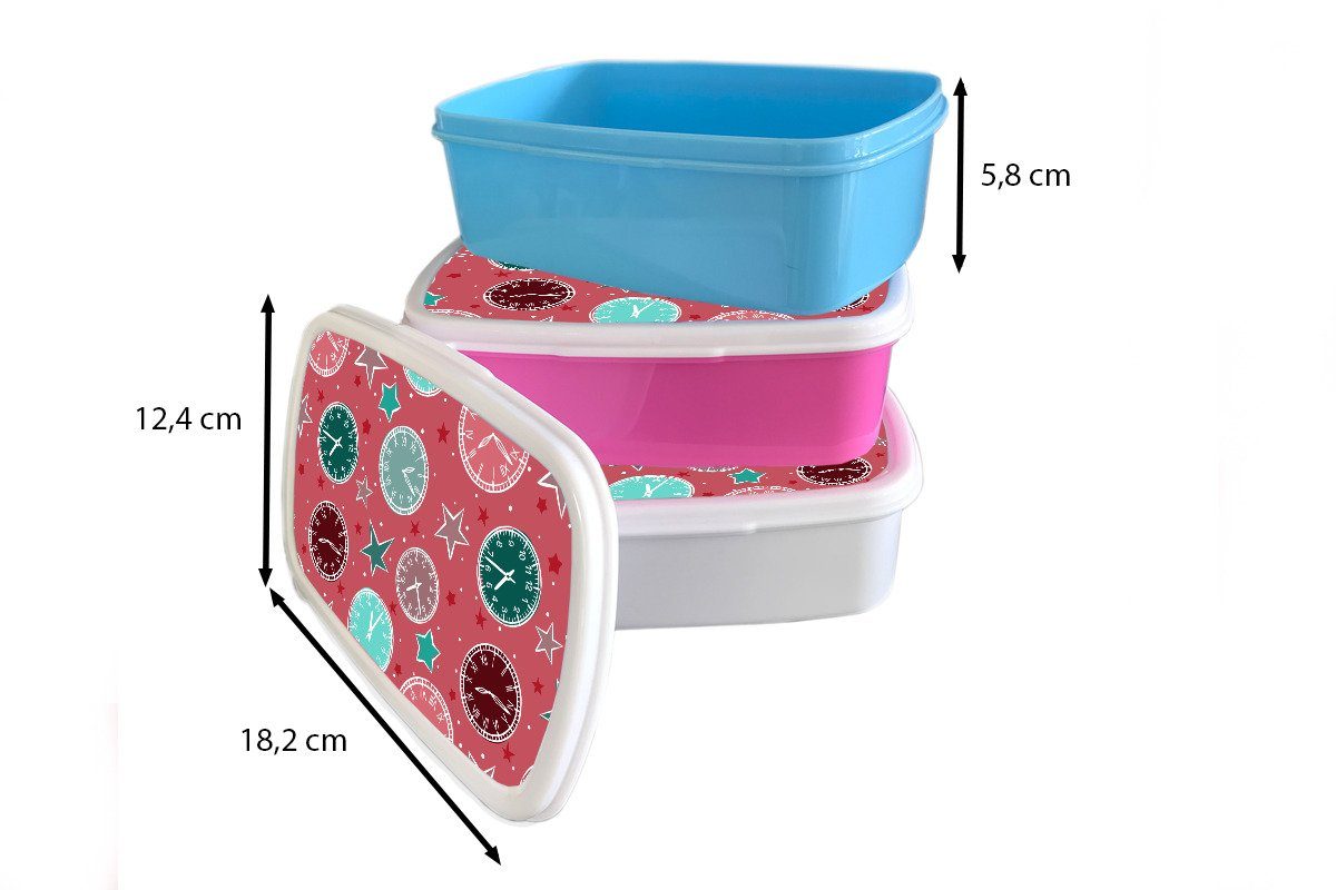 MuchoWow Lunchbox Rosa Kunststoff, (2-tlg), Kunststoff Kinder, Erwachsene, Sterne, Muster für - Uhr Brotbox Snackbox, Brotdose - Mädchen, 