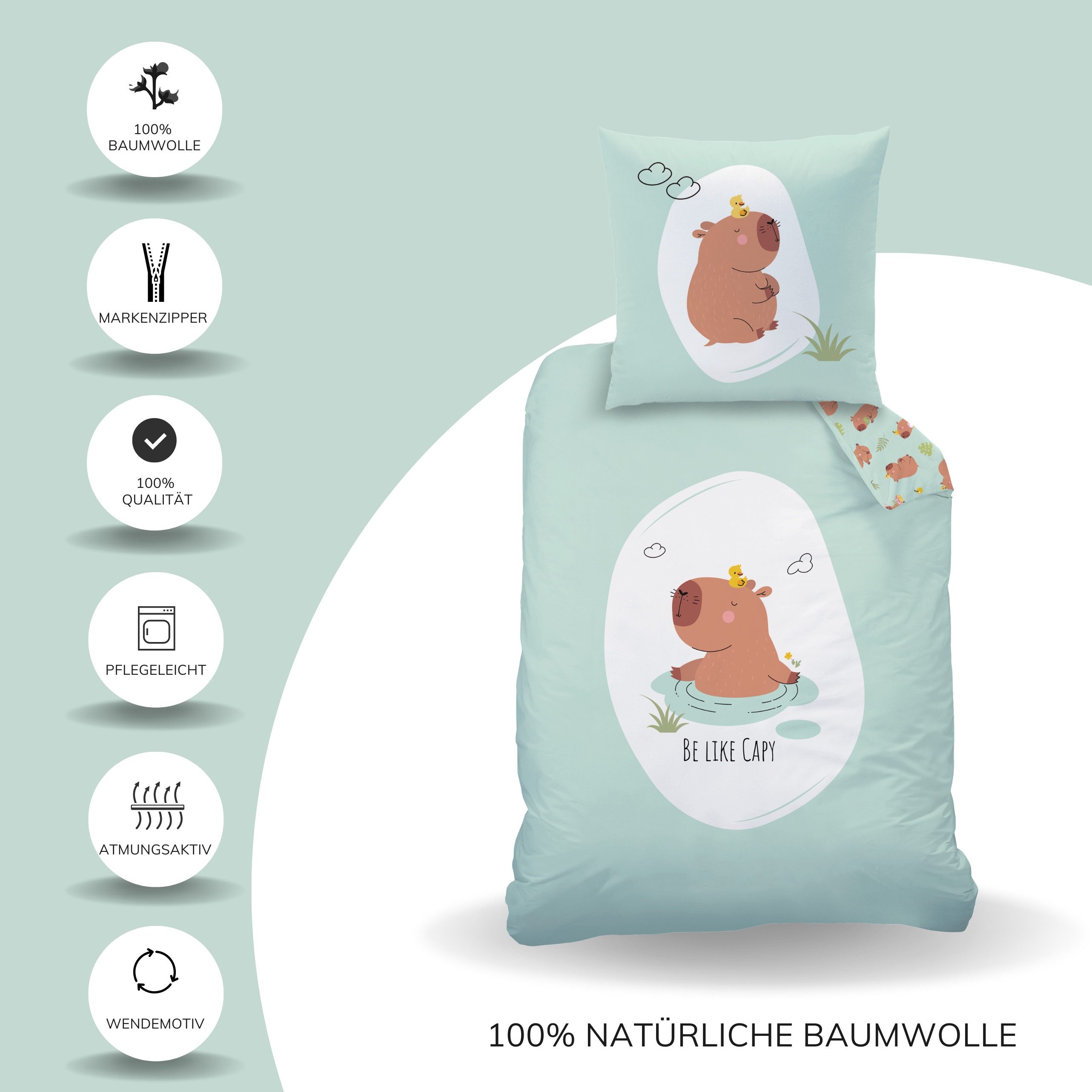 MTOnlinehandel Bettwäsche Capybara "Be like Capy" 135x200 + 80x80 cm, Tiermotiv, Baumwolle, 2 teilig, Wende-Bettwäsche • Cute Animals • Geschenkidee – Bild 3 von 5