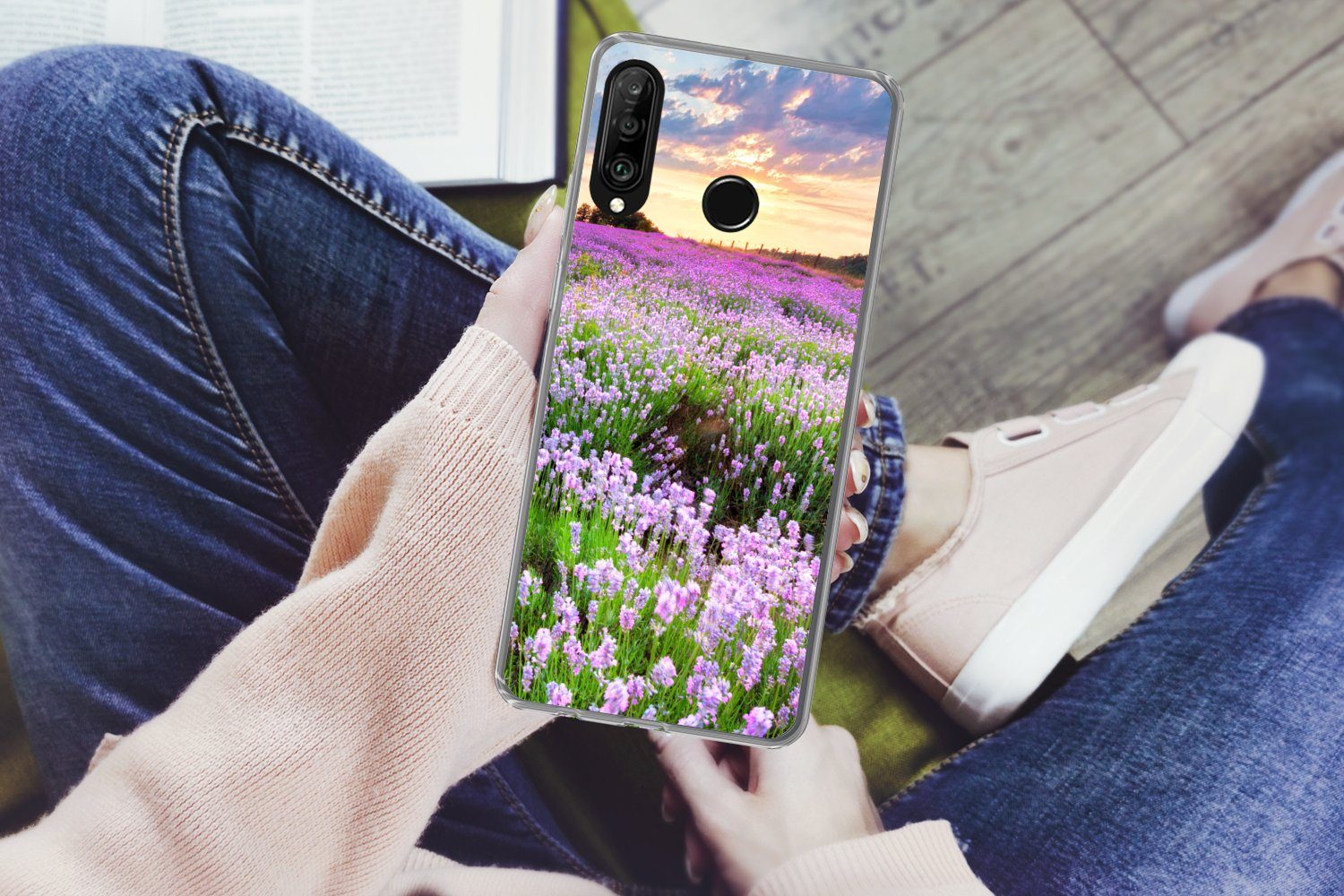 MuchoWow Handyhülle für Huawei P30 Lite Blumen - Lavendel - Lila - Himmel - Sonnenuntergan, Handy Case, Silikon, Bumper Case Dünn
