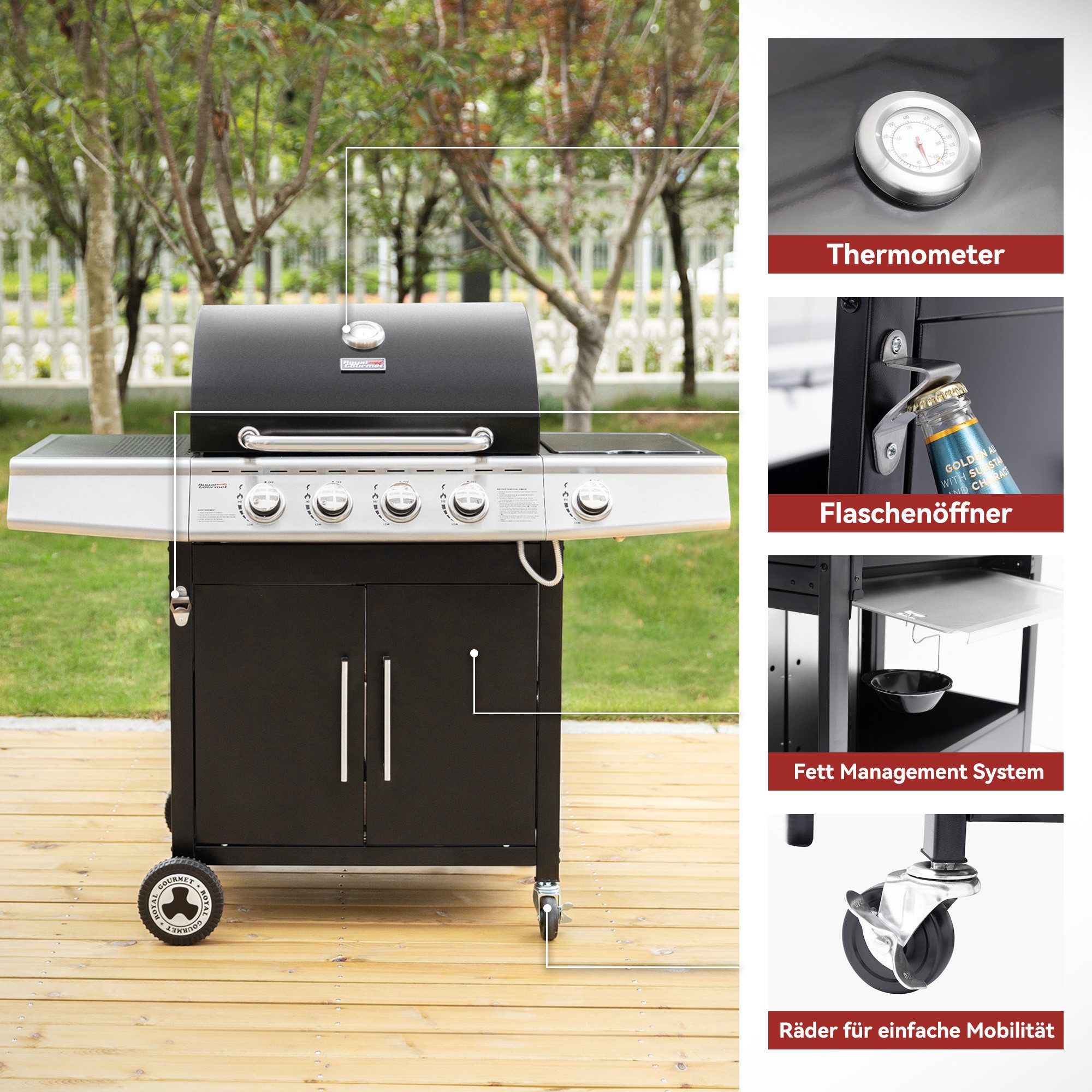 Royal Gourmet Gasgrill 4+1 Brenner Grillwagen mit Seitenbenner, automatischer Zündung, mit 14,5 kW Camping Gasgrill