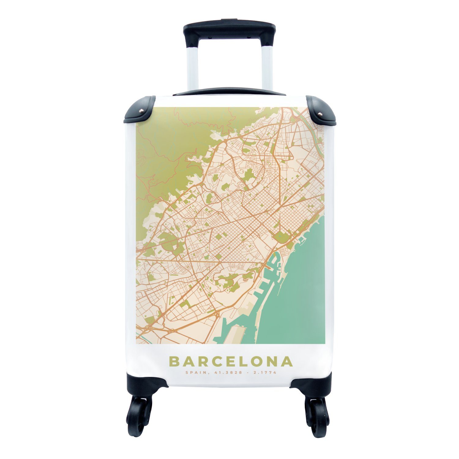 MuchoWow Handgepäckkoffer Karte Vintage, Trolley, für 4 - Reisekoffer Handgepäck rollen, Ferien, Rollen, - Reisetasche Stadtplan mit - Barcelona