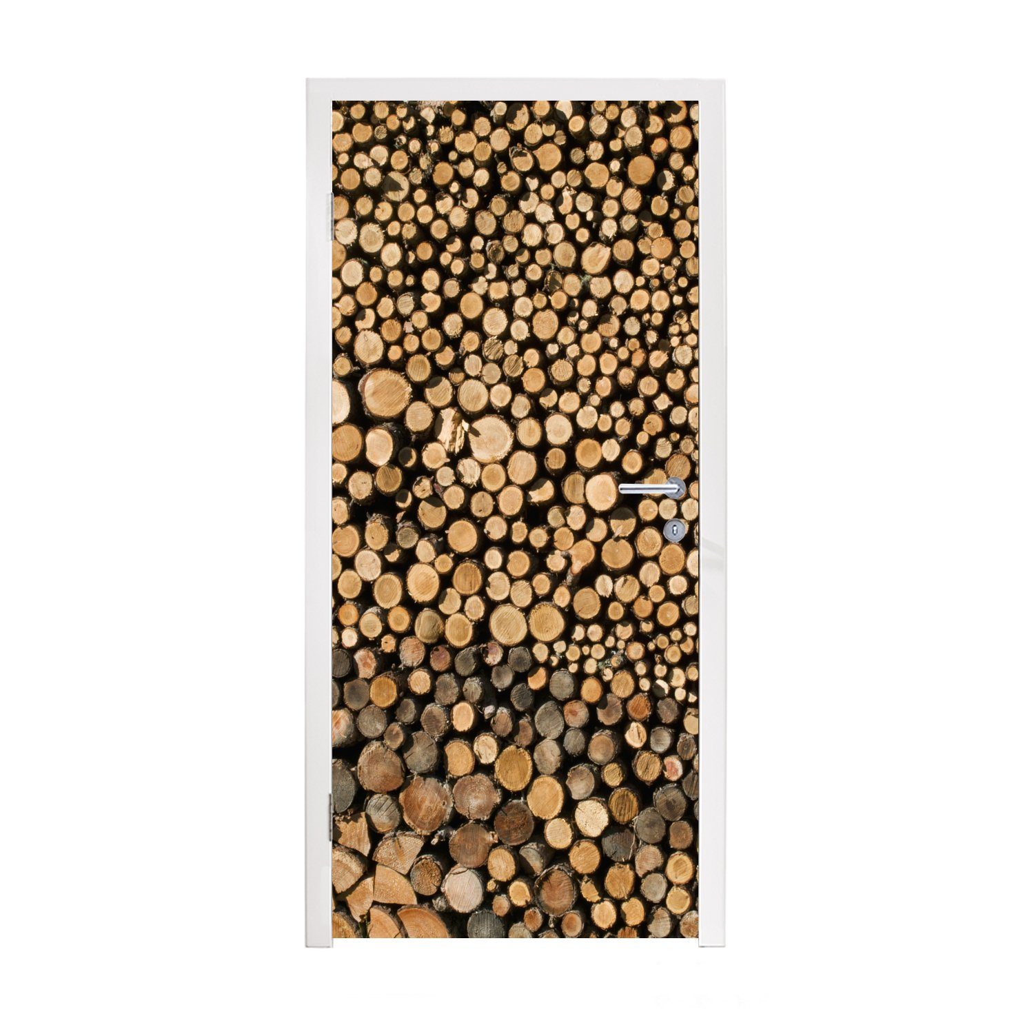 MuchoWow Türtapete Hunderte von Baumstämmen liegen auf und nebeneinander, Matt, bedruckt, (1 St), Fototapete für Tür, Türaufkleber, 75x205 cm