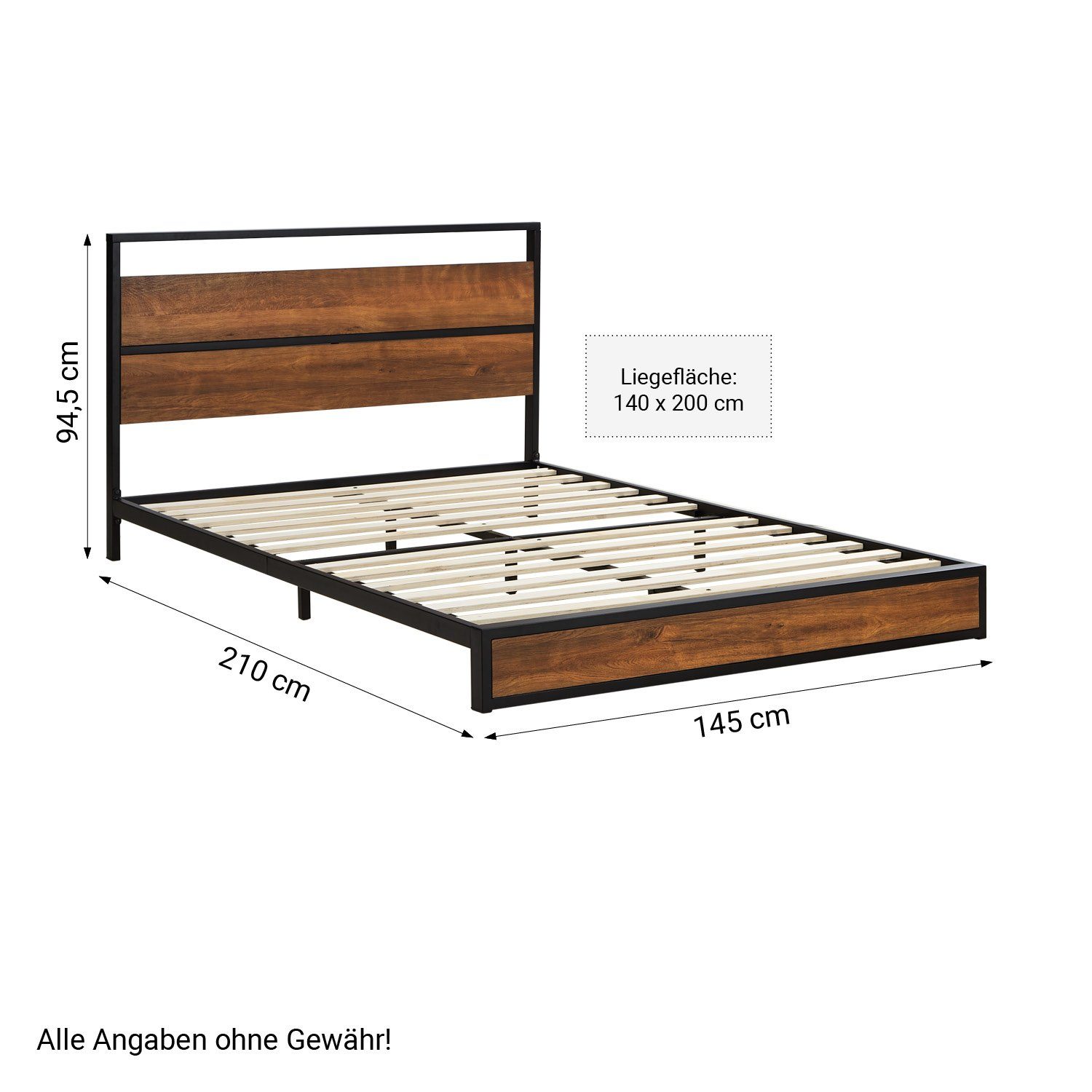 Homestyle4u Metallbett 140x200 Holz Doppelbett mit Kopfteil Schwarz Kiefer (Set, mit Lattenrost), Metall