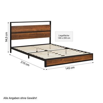 Homestyle4u Metallbett 140x200 Holz Doppelbett mit Kopfteil Schwarz Kiefer (inkl. Lattenrost)
