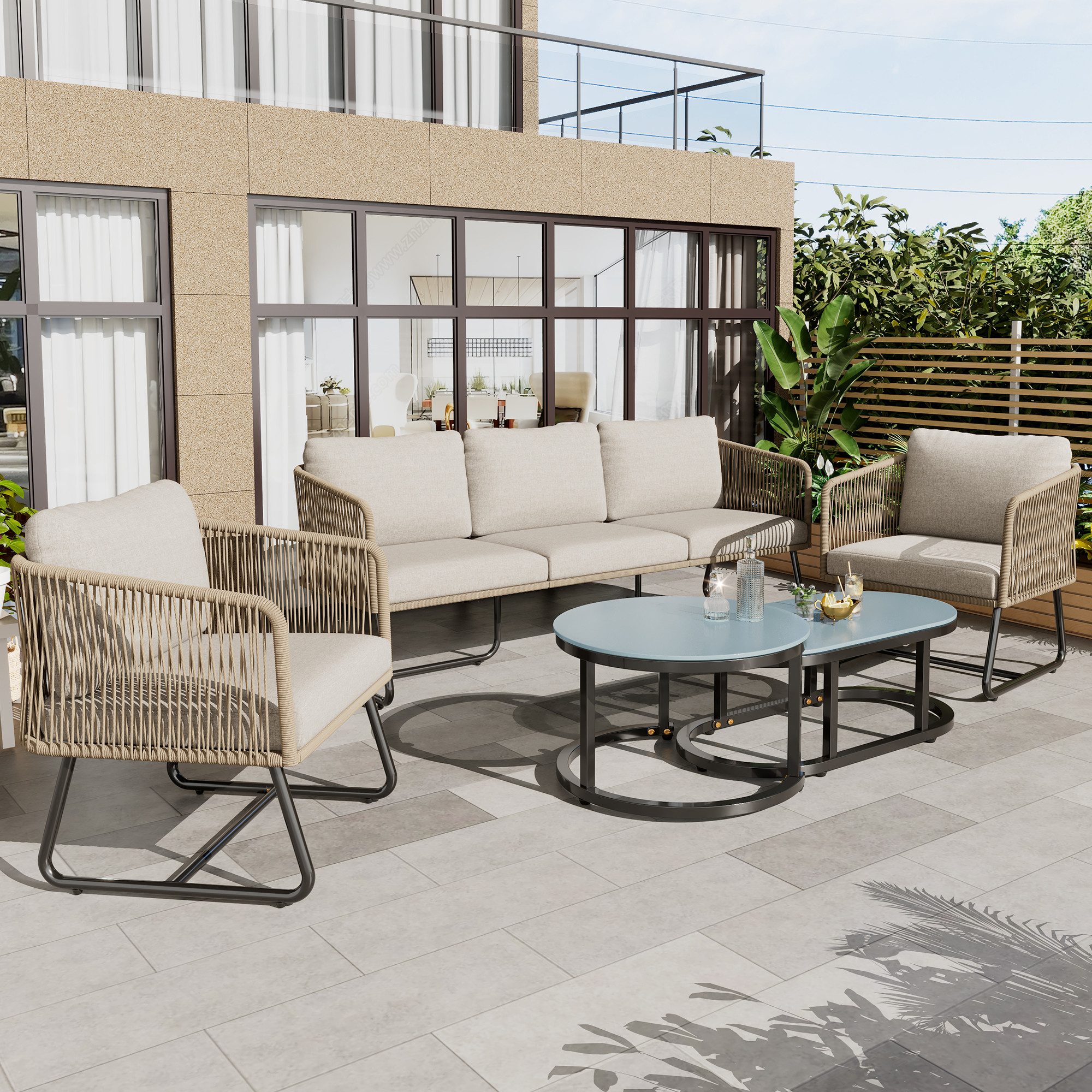 Merax Gartenlounge-Set für 5 Personen mit verzinkten Eisenrahmen mit Glastischplatte, (5-tlg., 1 3-Sitzer-Sofa, 2 Sessel, 2 Couchtische), Gartenmöbel Set Seil Lounge Set, Balkonmöbel, Sitzgruppe