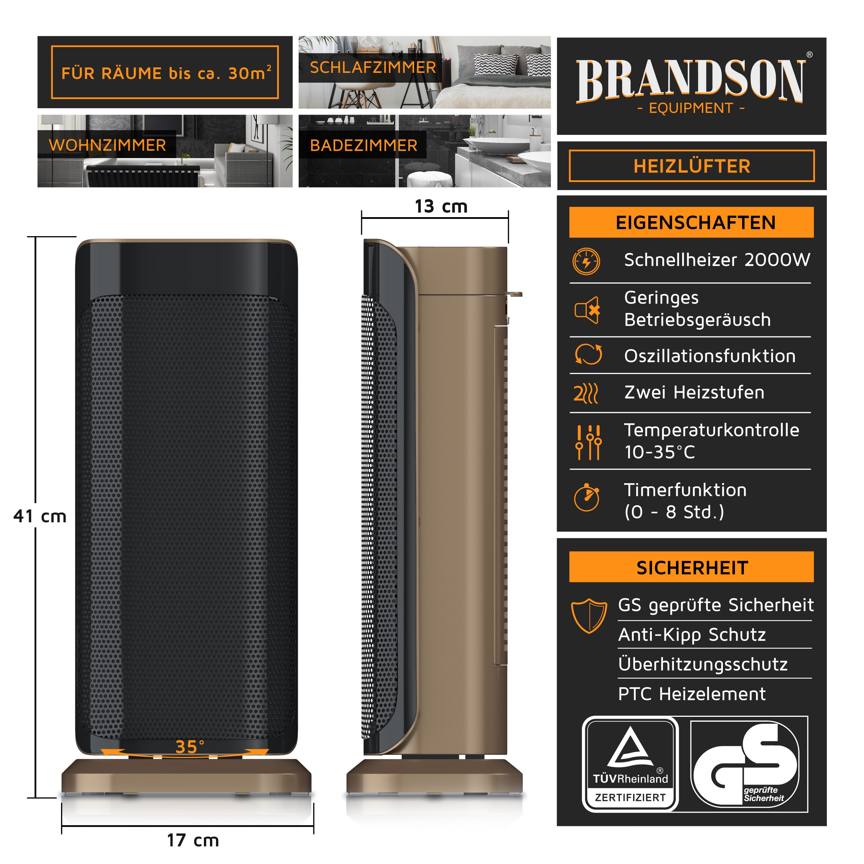 Brandson Heizlüfter, 2000 W, Oszillation, Timer, günstig online kaufen