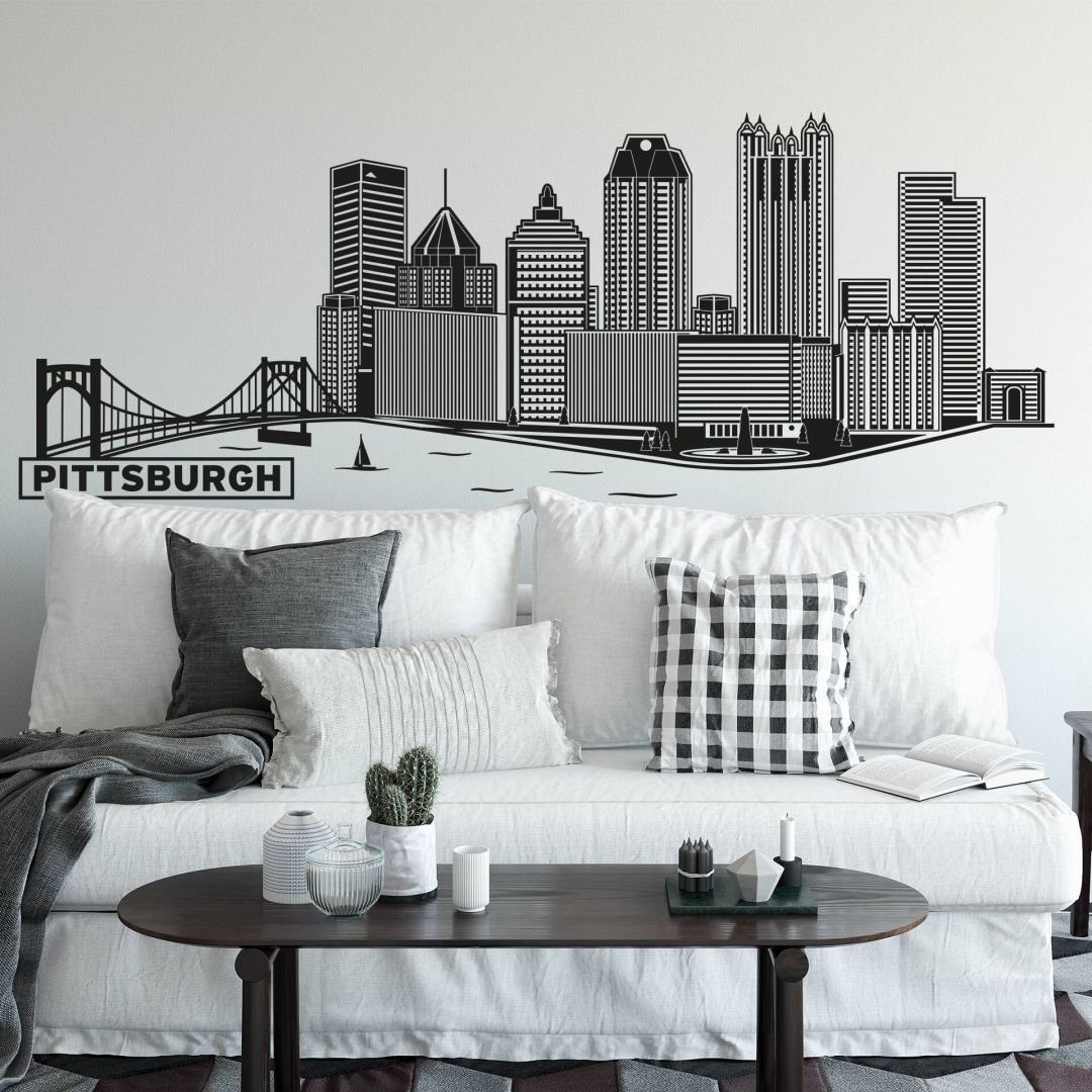 K&L Wall Art Wandtattoo Stadt Wandtattoo Pittsburgh Skyline schwarz Fußball Fanartikel 120cm, Wandbild selbstklebend, entfernbar