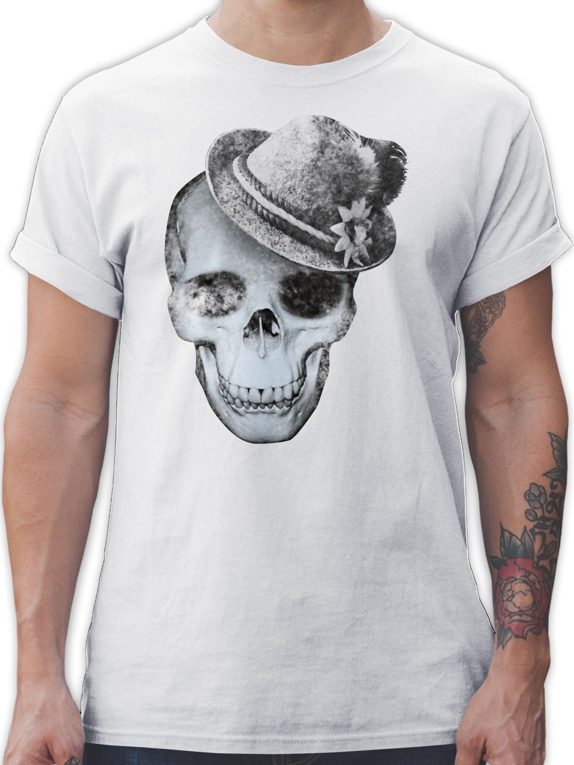 Shirtracer T-Shirt Totenkopf mit Filzhut Mode für Oktoberfest Herren 02 Weiß