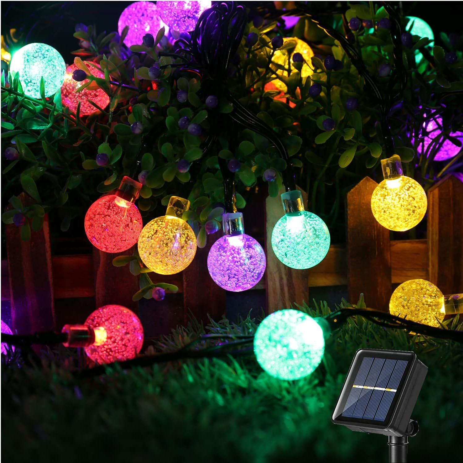 BlingBin LED Solarleuchte Solar Lichterkette Aussen 50 LED Knistern Kristall Kugeln, Dekorationen, LED fest integriert, Warmweiß/Bunt, 7m 8 Modi IP65 Wasserdicht Beleuchtung für Garten, Bäume