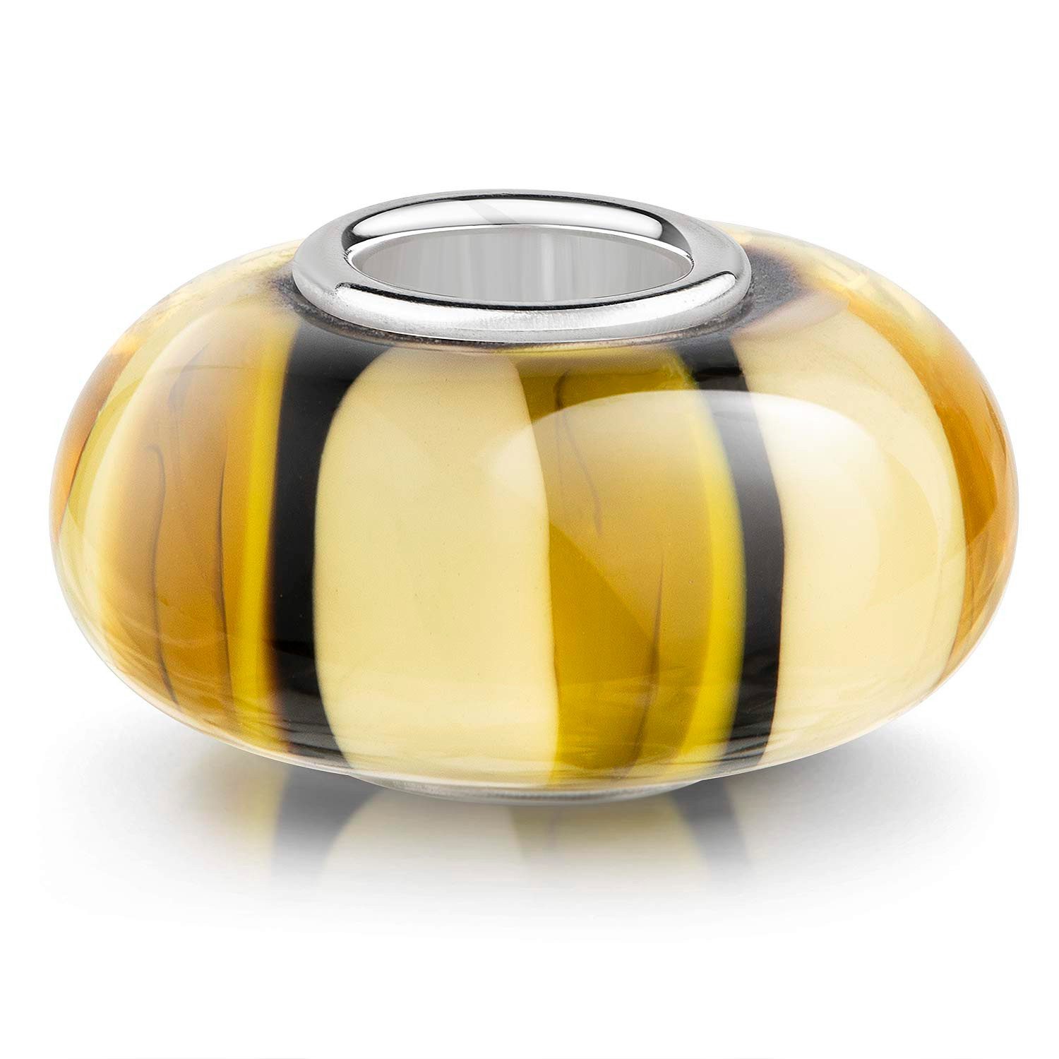 Materia Bead Glasperle Streifen Gelb Schwarz 1187, Hülse aus 925 Sterling Silber