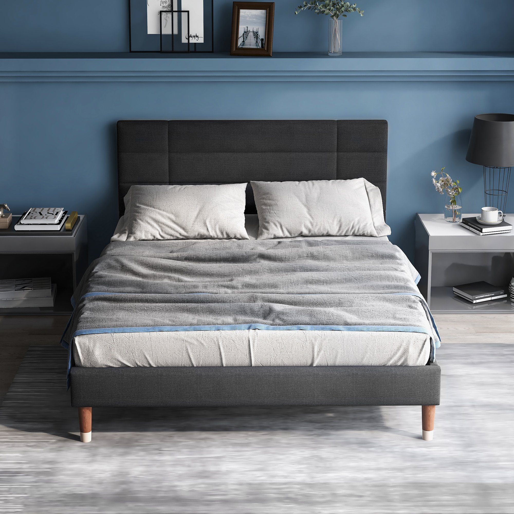 Odikalo Polsterbett Doppelbett, gepolsteres Bettgestell, Kopfteil Lattenrost, Grau Leinen