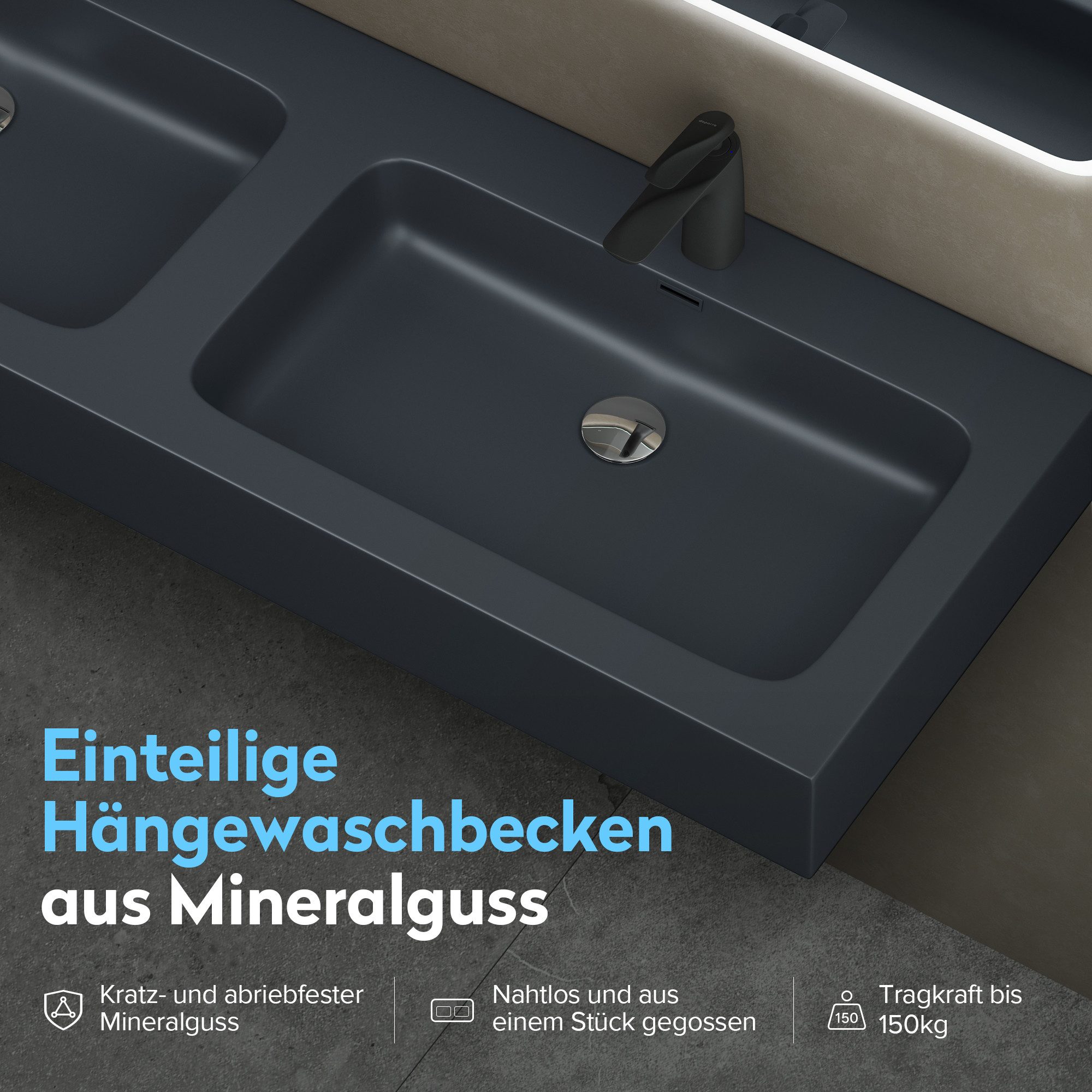 doporro Waschbecken Waschtisch Doppelwaschbecken Mineralguss BTH: 140x48x13 Colossum830