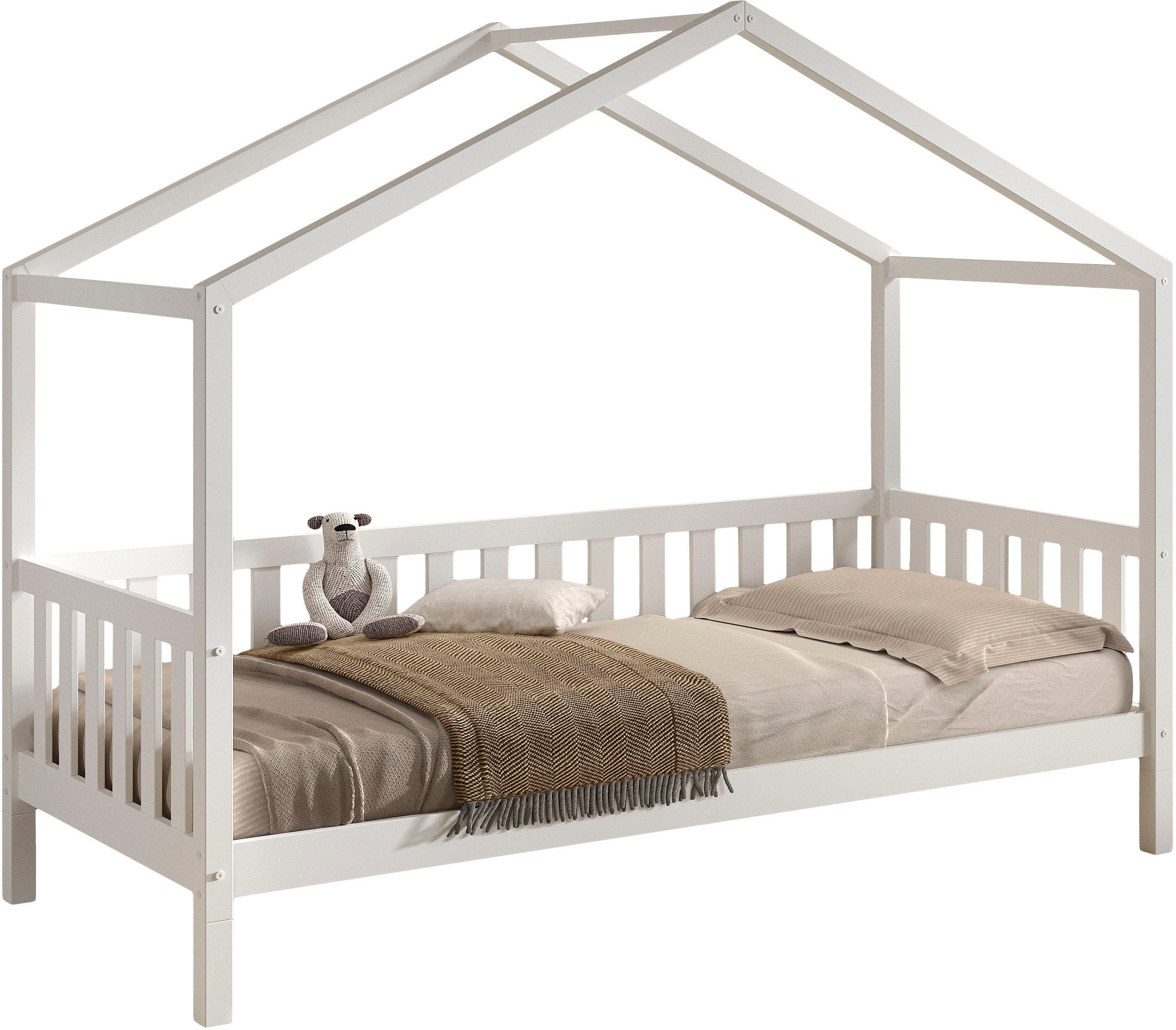 Vipack Hausbett Dallas, Massivholzbett mit Dachaufbau umbaubar vom Boden- zum Daybett (inkl. Rolllattenrost und Sprossenumrandung, 90 oder 140x200 cm breit), stabil und standfest gebaut, wahlweise Kiefer massiv natur oder weiß