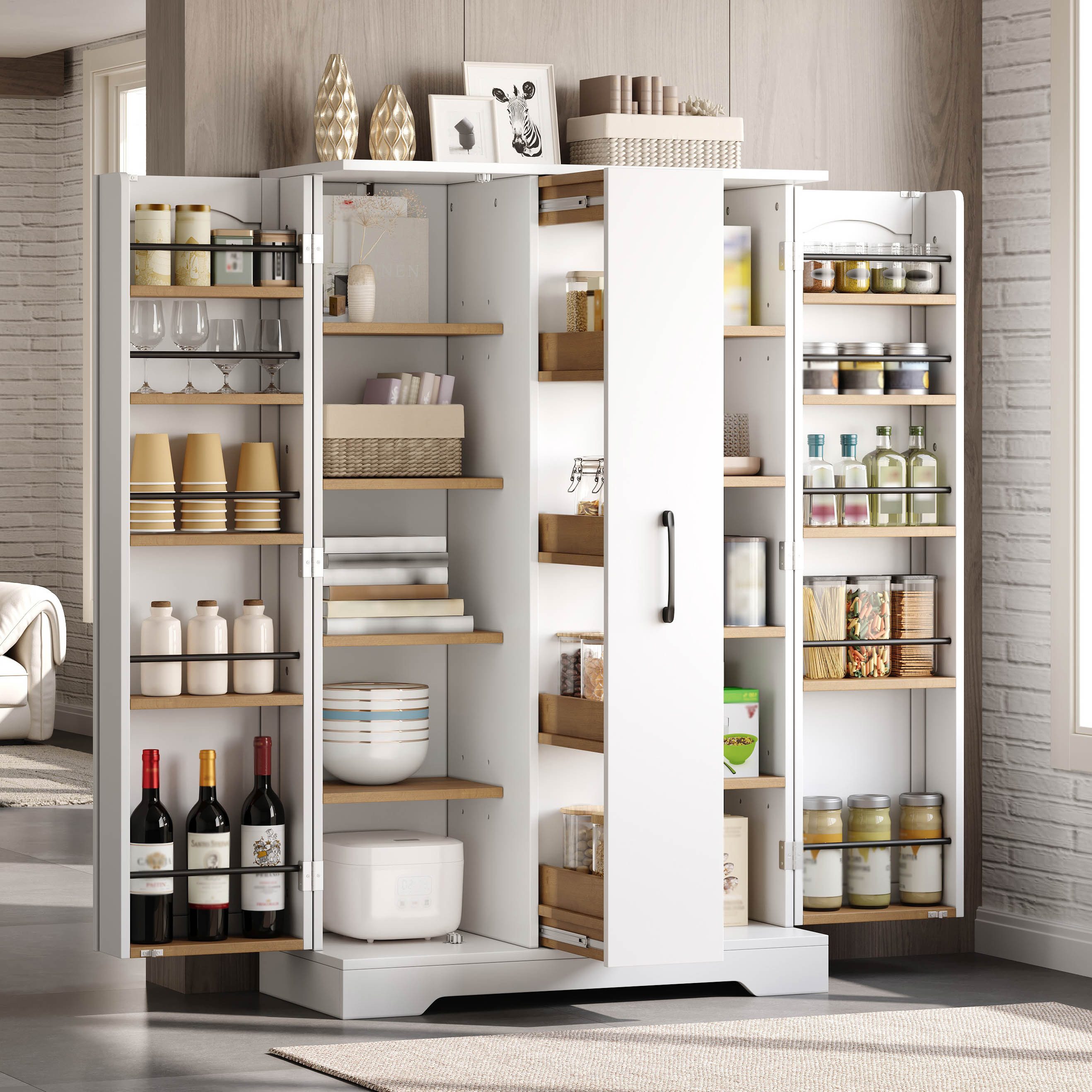 HAUSS SPOLE Hochschrank Doppeltürschrank 120×78×35cm mit Gewürzregalen,Küchenschrank in Weiß (Vorratsschrank Mehrzweckschrank 120×78×35cm mit 4-stufigem Vertikalauszug) Küchenhochschrank mit Ablagefläche für Küche und Wohnbereich