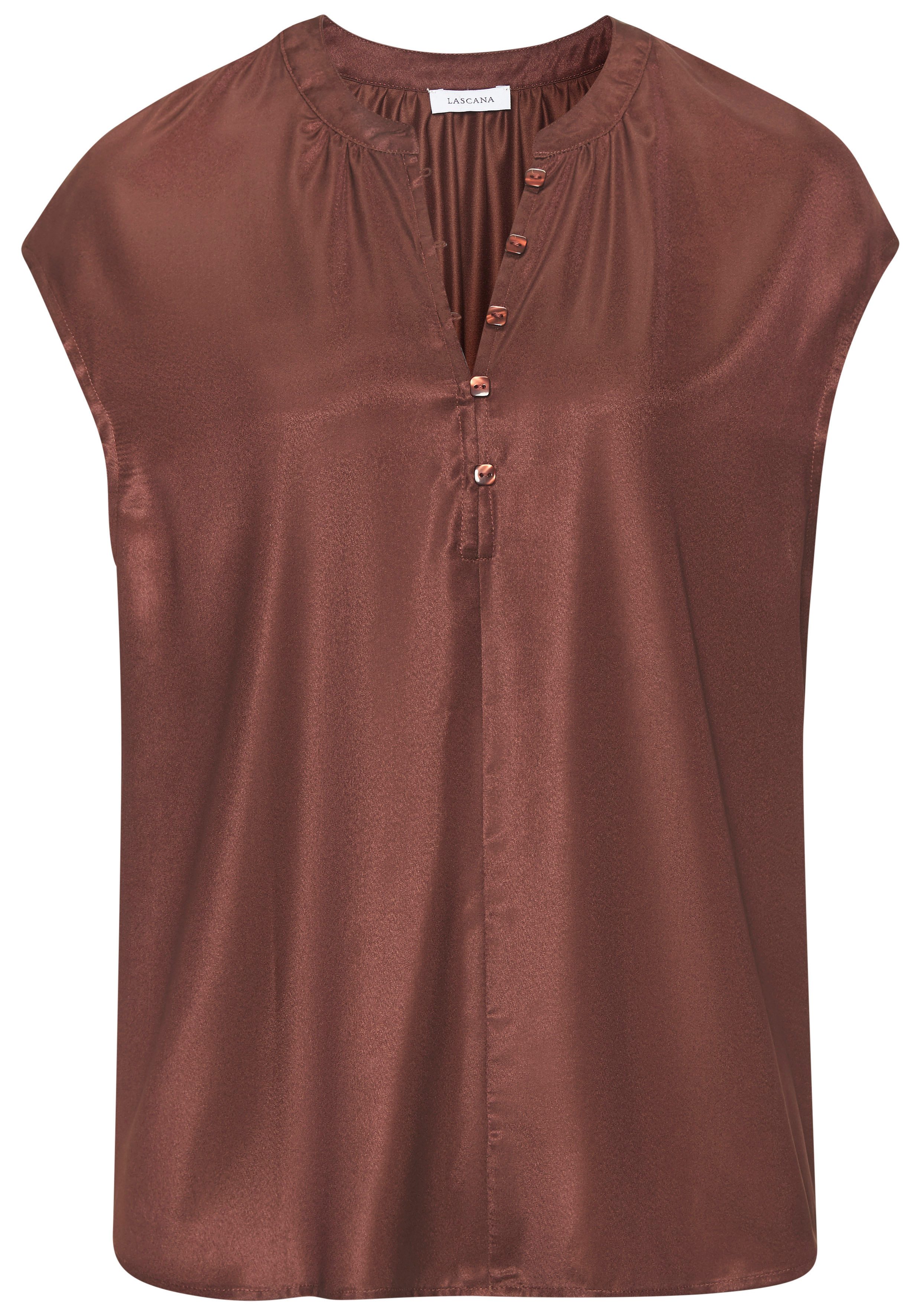 LASCANA Satinbluse mit kurzen Ärmeln und kleiner Knopfleiste Kurzarmbluse mit lockerer Passform, Partyshirt, Blusenshirt, festlich – Bild 2 von 5