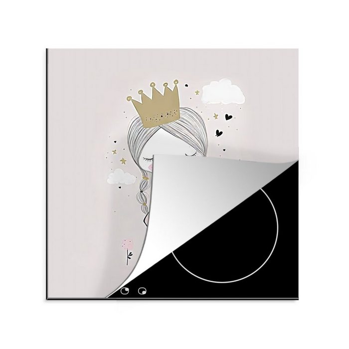 MuchoWow Herdblende-/Abdeckplatte Prinzessin - Blumen - Krone - Mädchen - Sterne Vinyl (1 tlg) Ceranfeldabdeckung Arbeitsplatte für küche