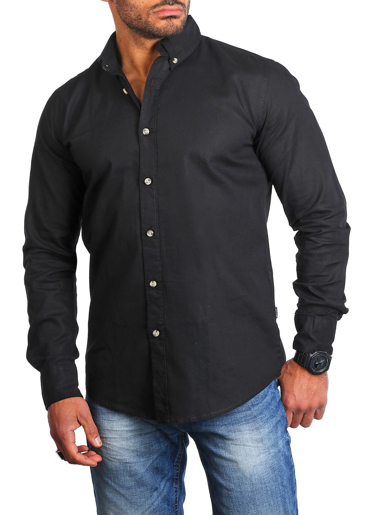 CARISMA Langarmhemd Herren Leinen Baumwoll Mix Casual Hemd 8529 Regular Button-Down-Kragen Langarm Uni – Bild 2 von 4