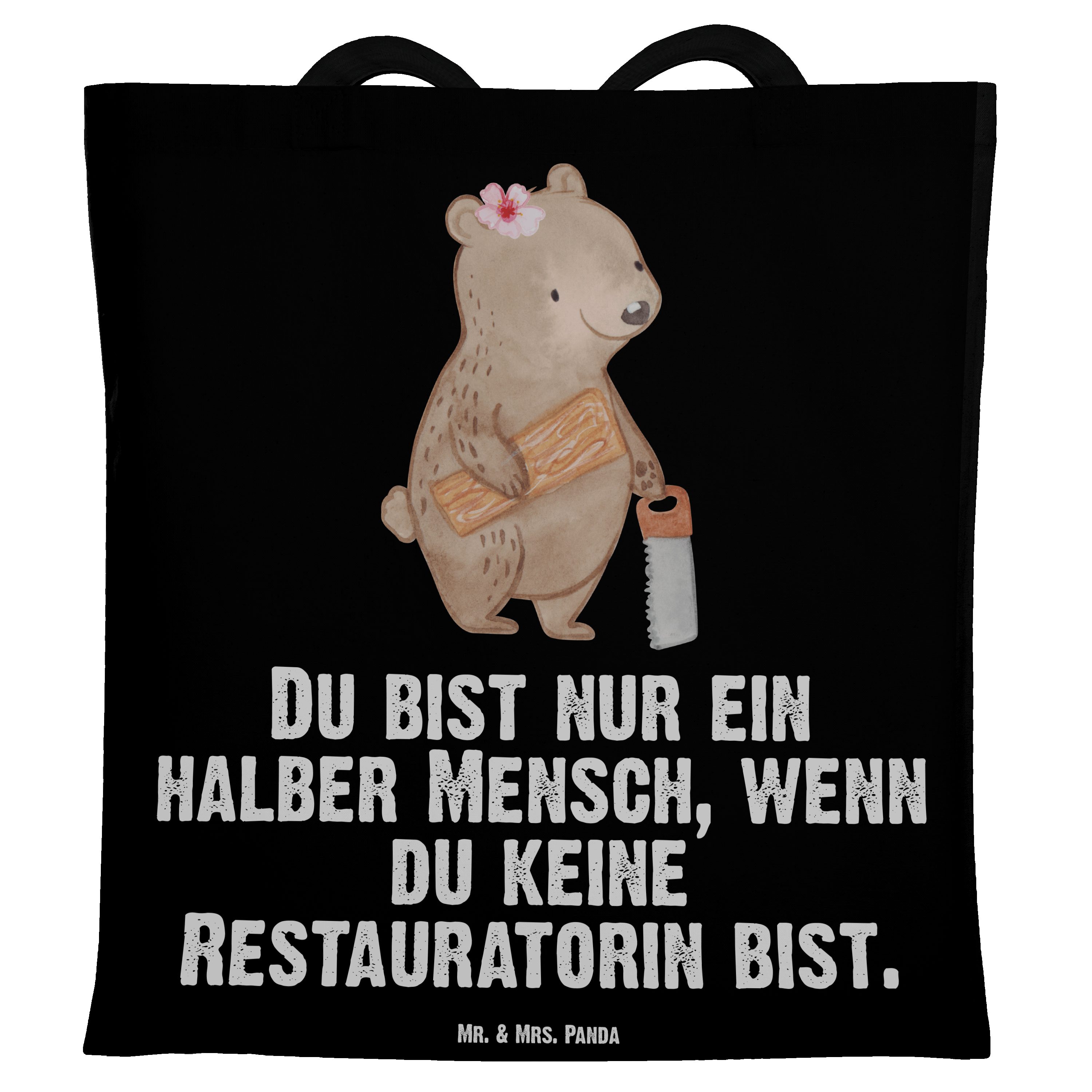 Mr. & Mrs. Panda Tragetasche Restauratorin mit Herz - Schwarz - Geschenk, Dankeschön, Jutebeutel, (1-tlg)