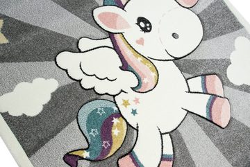 Kinderteppich Kinderteppich Spielteppich Babyteppich mit Einhorn Regenbogen in Grau Creme, Teppich-Traum, Rund, Höhe: 13 mm
