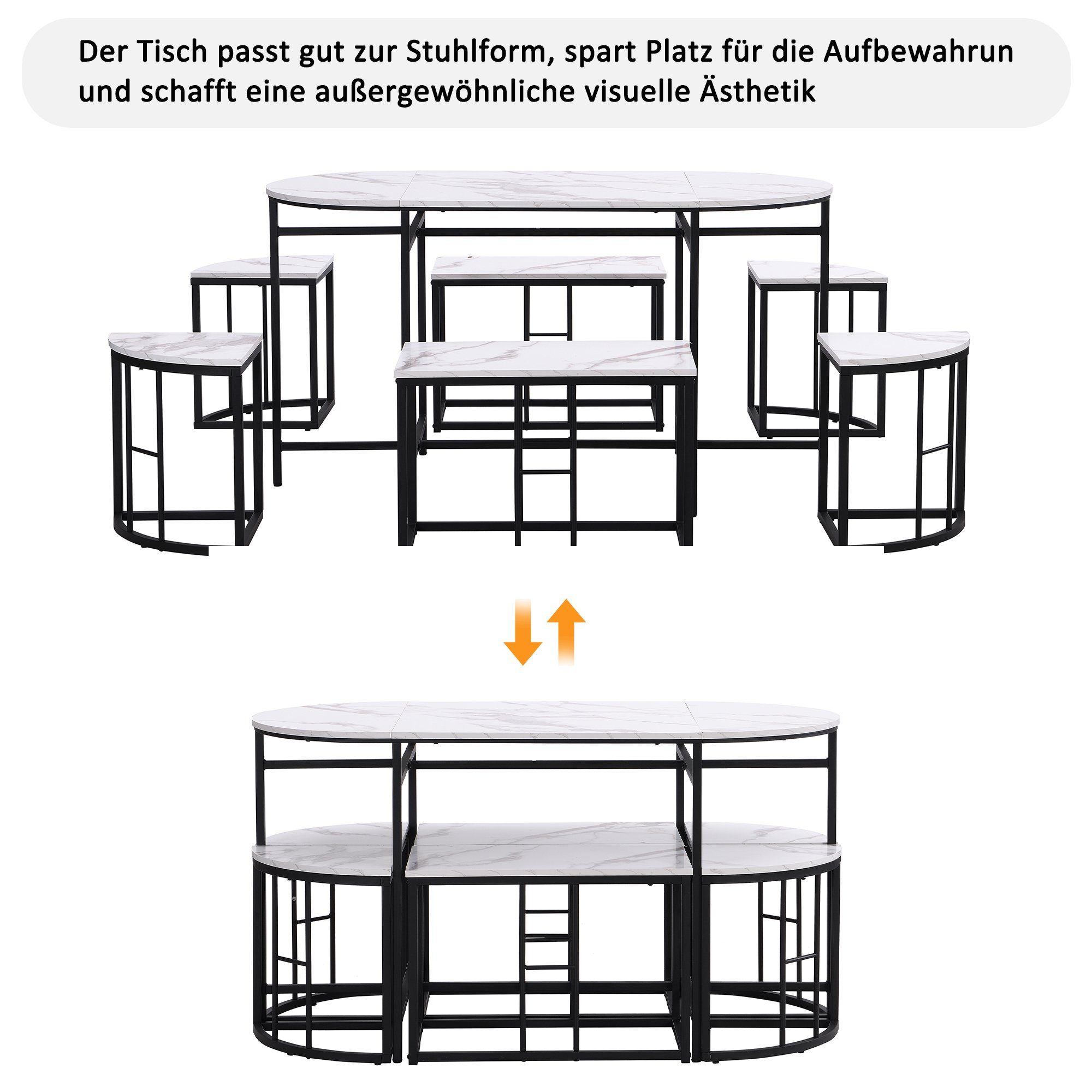 Esstisch 4 Tischplatte:Weiß kleinen Essgruppe Esstisch, Set 140*70*76cm, Küchen MDF-Sitzfläche), (7-tlg., Essgruppe kg 2 mit REDOM ausStahlrahmen und Beine:Schrawz großen belastbar 120 Hockers Hockers,