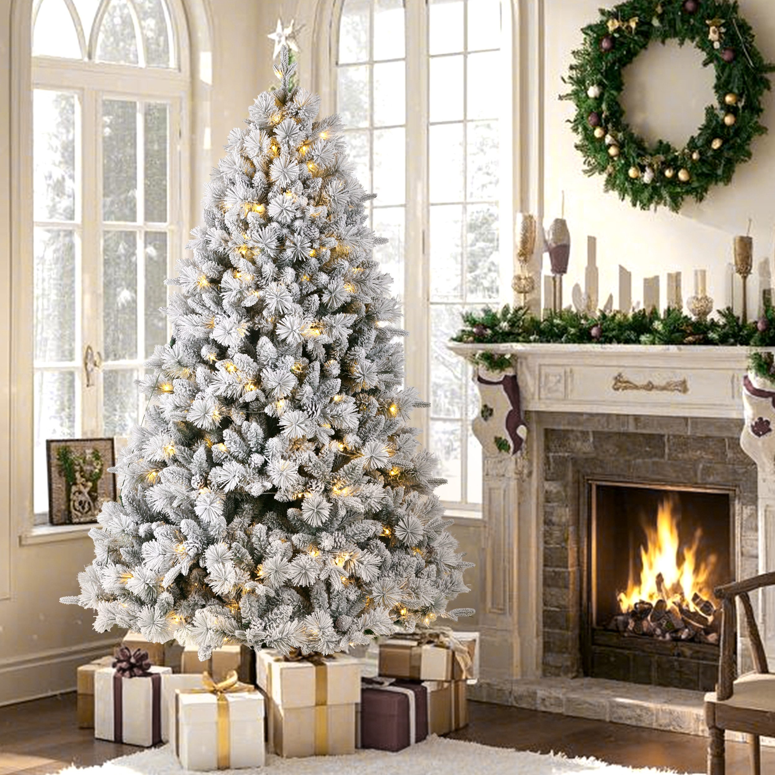 Sinaopus Künstlicher Weihnachtsbaum mit Schnee, mit Lichterkette und Handschuhe, wiederverwendbar, PVC+PE, Tannenbaum künstlich, Künstlicher Weihnachtsbaum mit Schnee und beschneiten Tannenzapfen, 180cm, 250 Lichter und 1100 Spitzen, mit Metallständer
