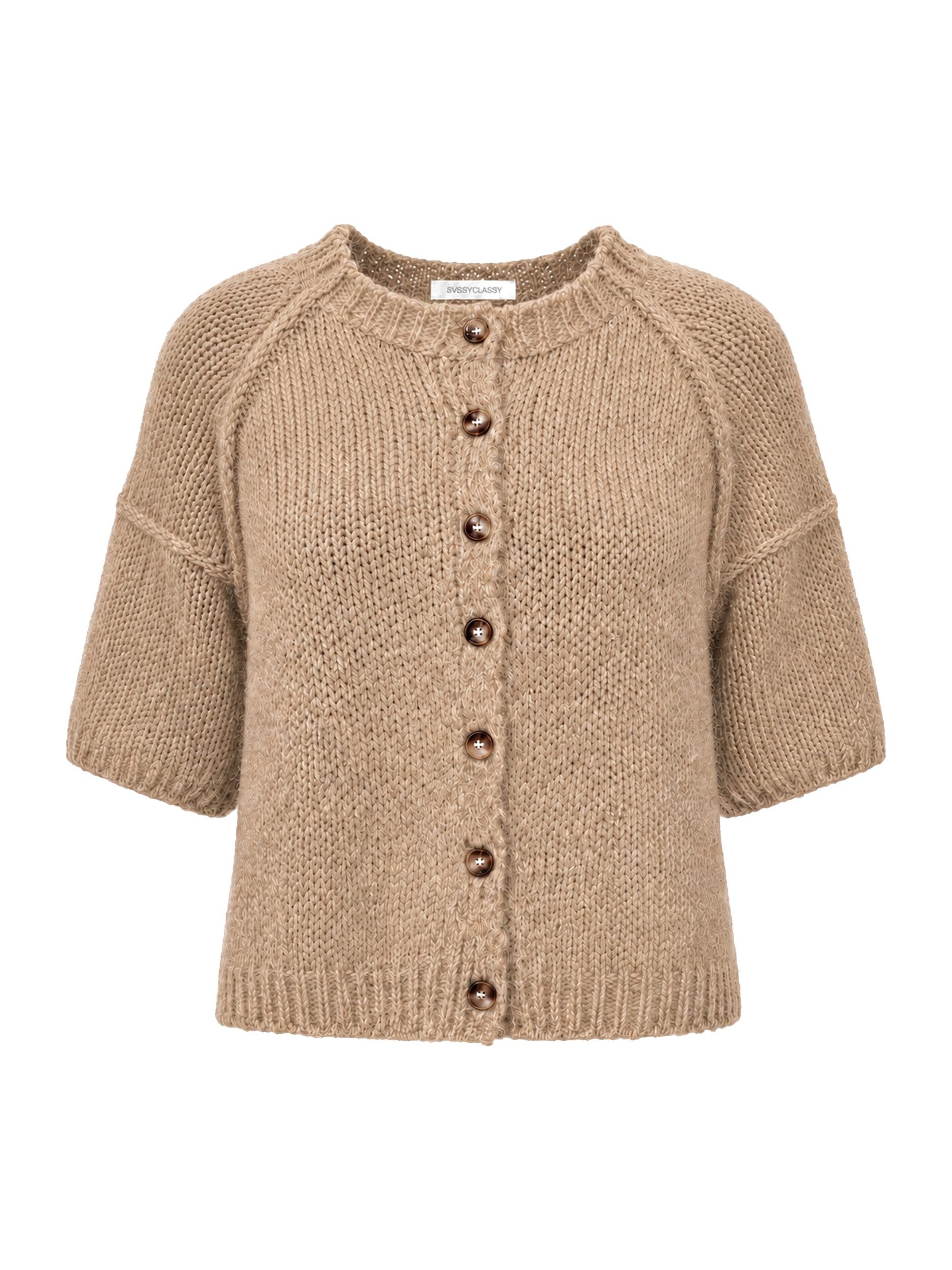 SASSYCLASSY Cardigan Kurzarm Cardigan mit Außennähten Damen Weicher Strickjacke mit Rundhalsausschnitt und Knopfleiste Rostrot – Bild 2 von 5