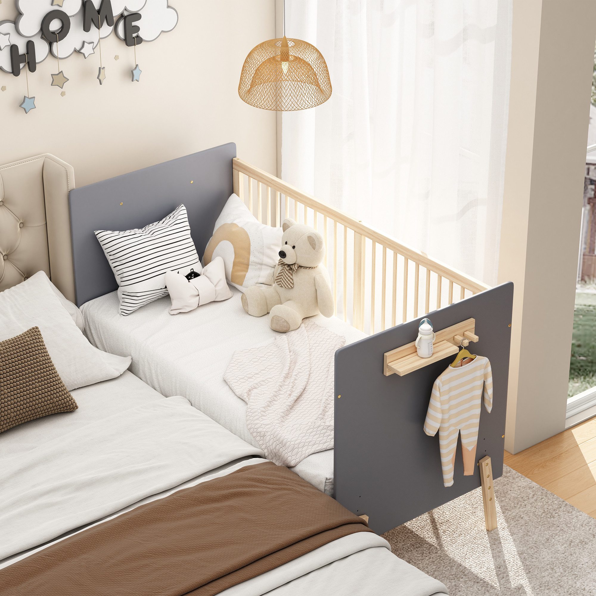 Odikalo Babybett Kinderbett Anschlussbett Sofabett Massivholz Höhenverstellung Natur