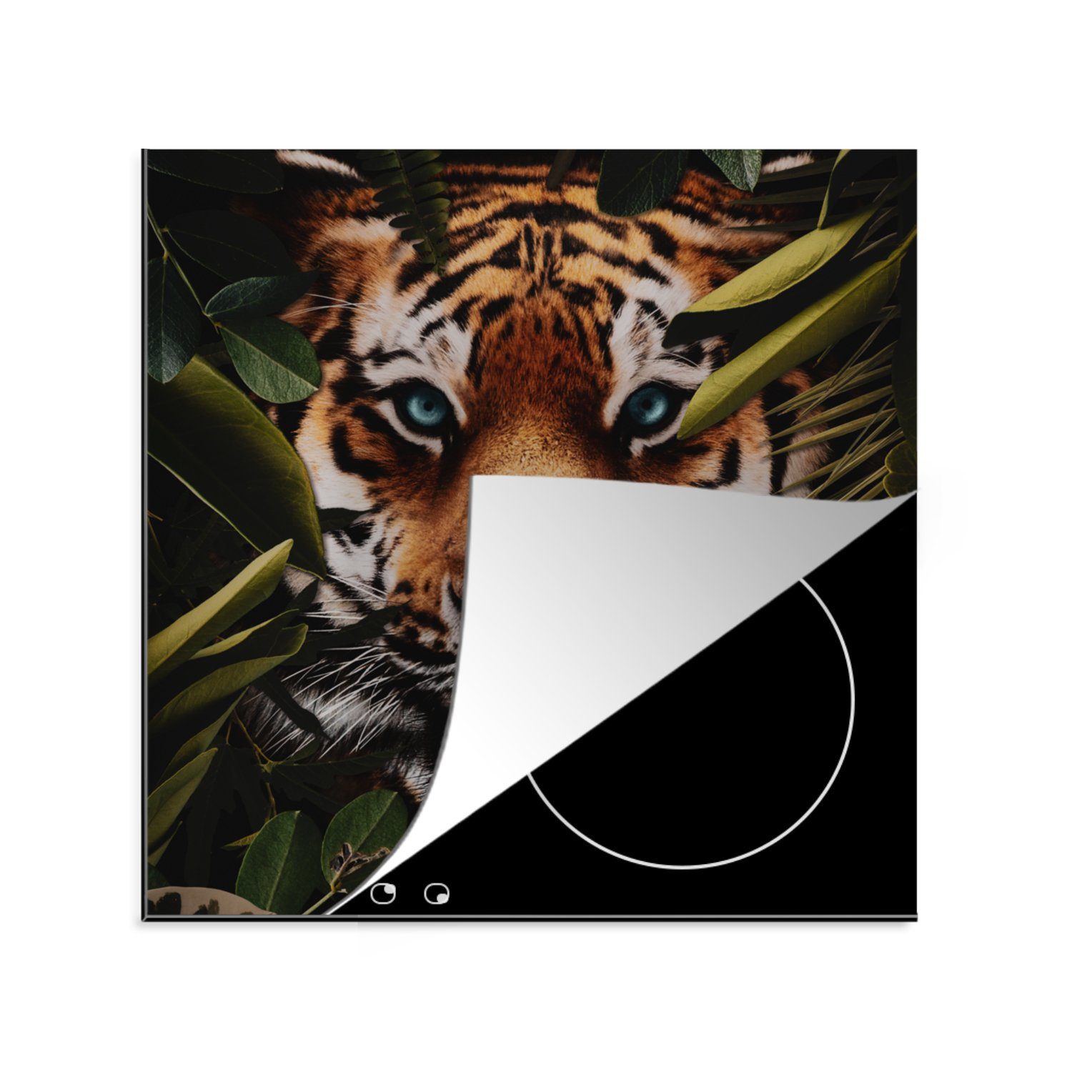 MuchoWow Herdblende-/Abdeckplatte Tiger - Dschungel - Blätter, Vinyl, (1 tlg), 78x78 cm, Ceranfeldabdeckung, Arbeitsplatte für küche