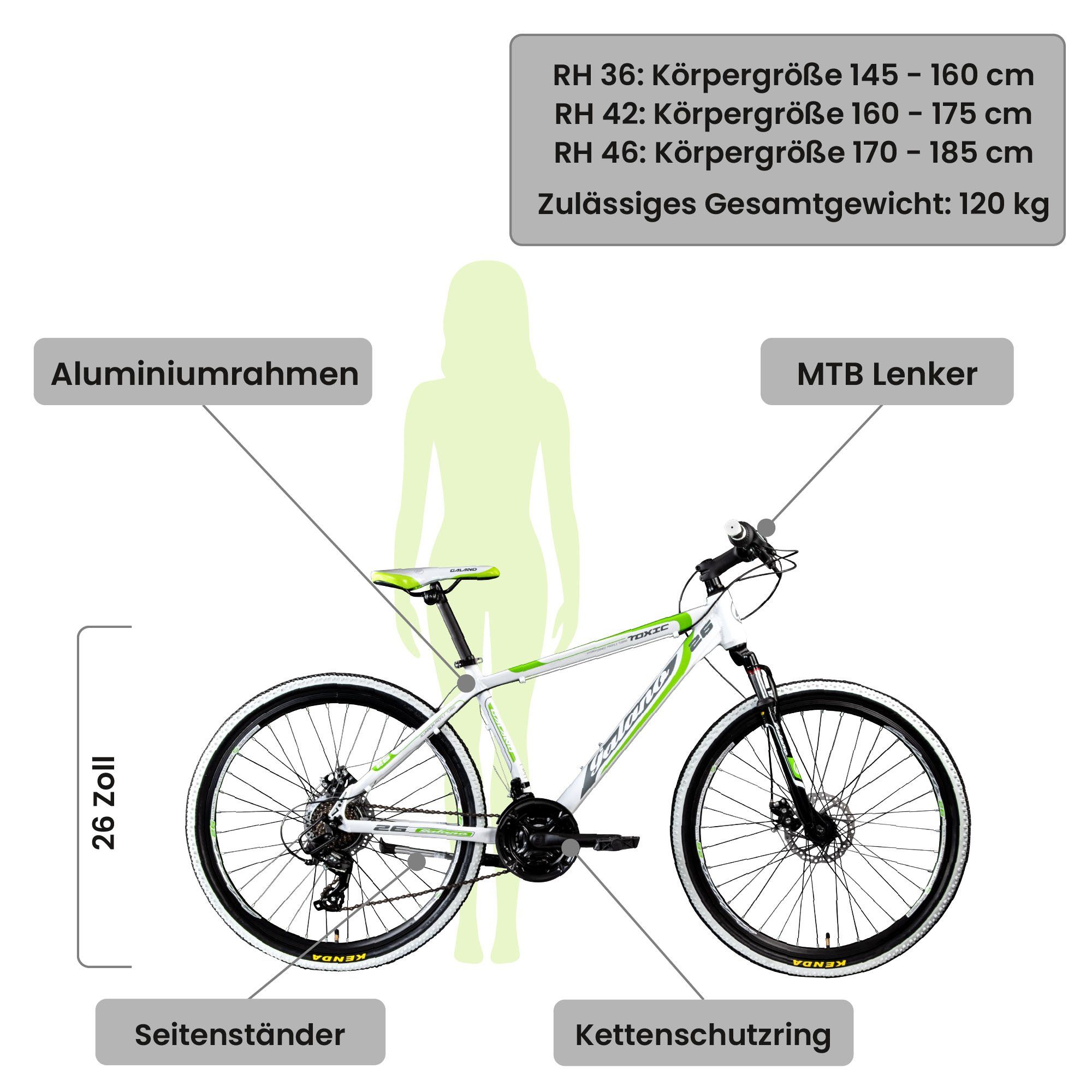 Galano Mountainbike »Toxic«, 21 Gang, Kettenschaltung, 145 - 185 cm 26 Zoll  MTB Hardtail Fahrrad für Damen Herren und Jugendliche unisex