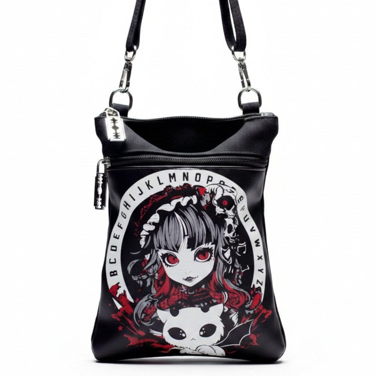 Dark-Desires Schultertasche Ouija Demon Schultertasche Gothic Anime Schwarz Cupcake Cult, Gothic Anime Print mit Ouija-Motiv und Rasierklingen-Details