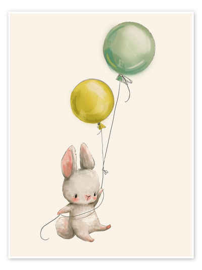 Posterlounge Poster Eve Farb, Häschen mit Ballons, Jungenzimmer Kindermotive