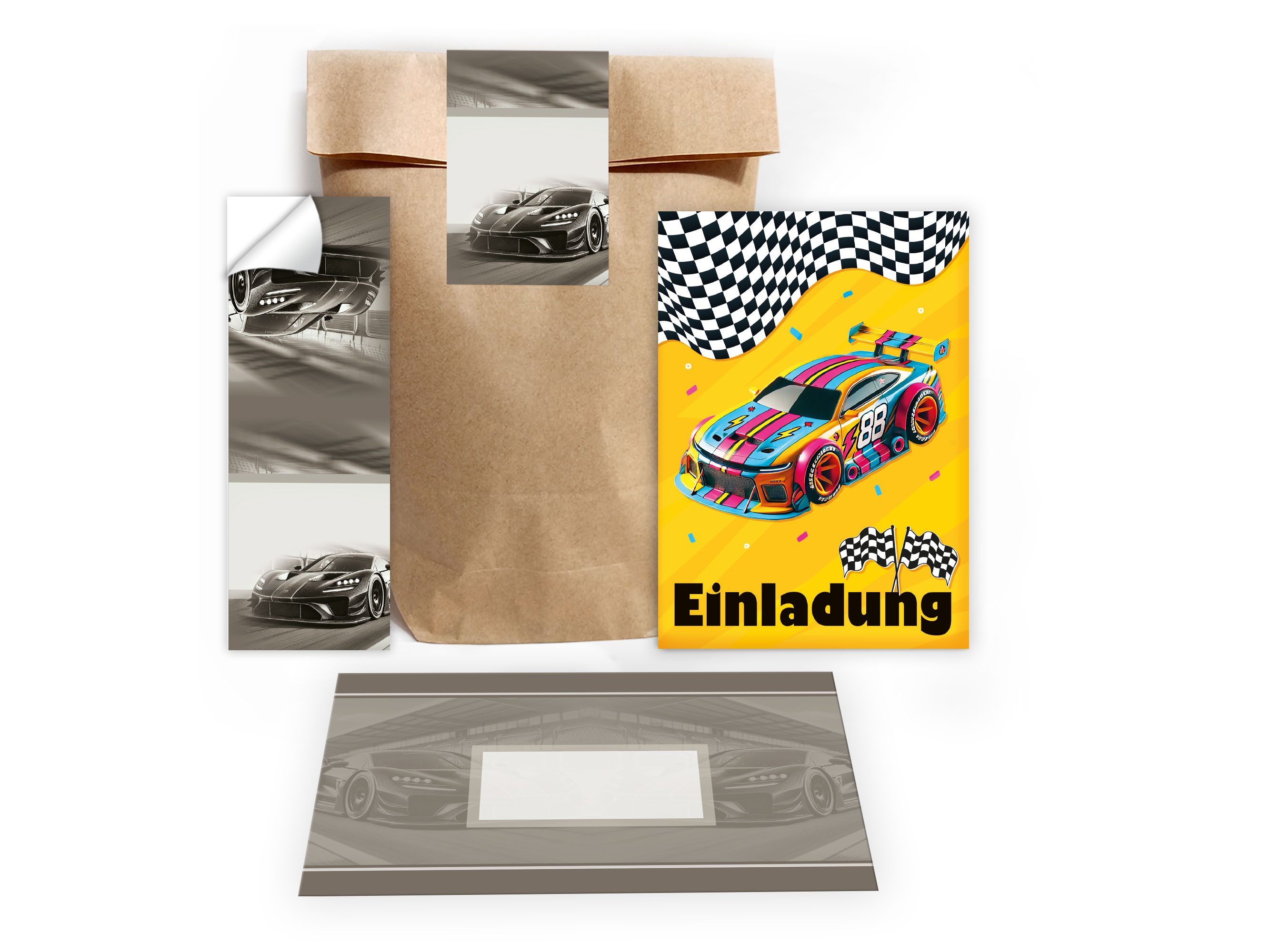 LIMONIA Einladungskarten Auto zum Geburtstag Einladungen Karten mit Umschlägen Mitgebsel car, Mitgebsel Set Rennauto für Kinder zum Geburtstag Racer