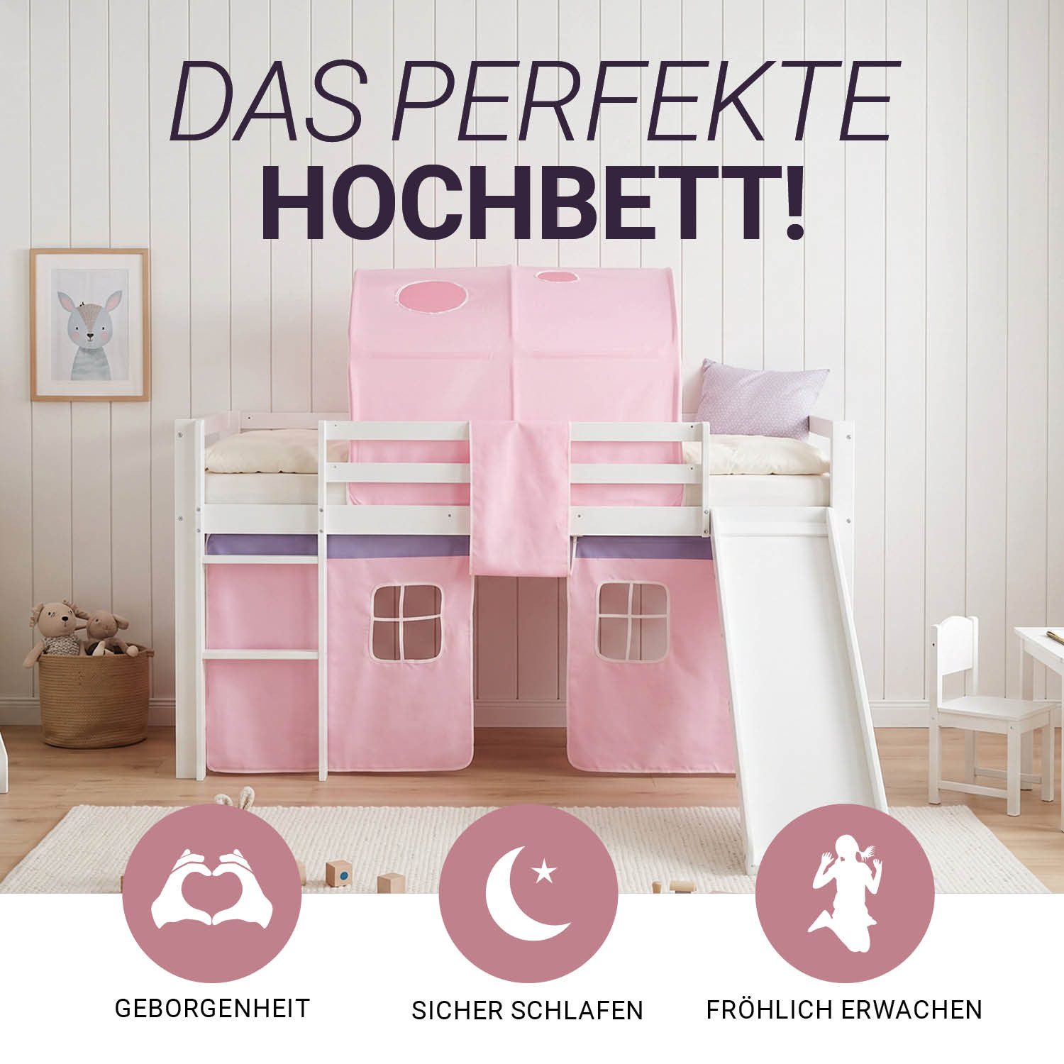 Homestyle4u Hochbett 90x200 Kinderbett mit Leiter und Vorhang Weiß Rosa Holz Treppe Kinder (Komplett-Set mit Lattenrost, mit Rutsche, mit Tunnel, Matratze mit OEKO-TEX® Standard 100) Kiefer, Jungen Mädchen, Spielbett