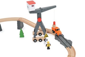 Tooky Toy Spielwelt Holzrennbahn TH682, 35-tlg, Holzschienen, Baufahrzeuge, Kran, Zubehör