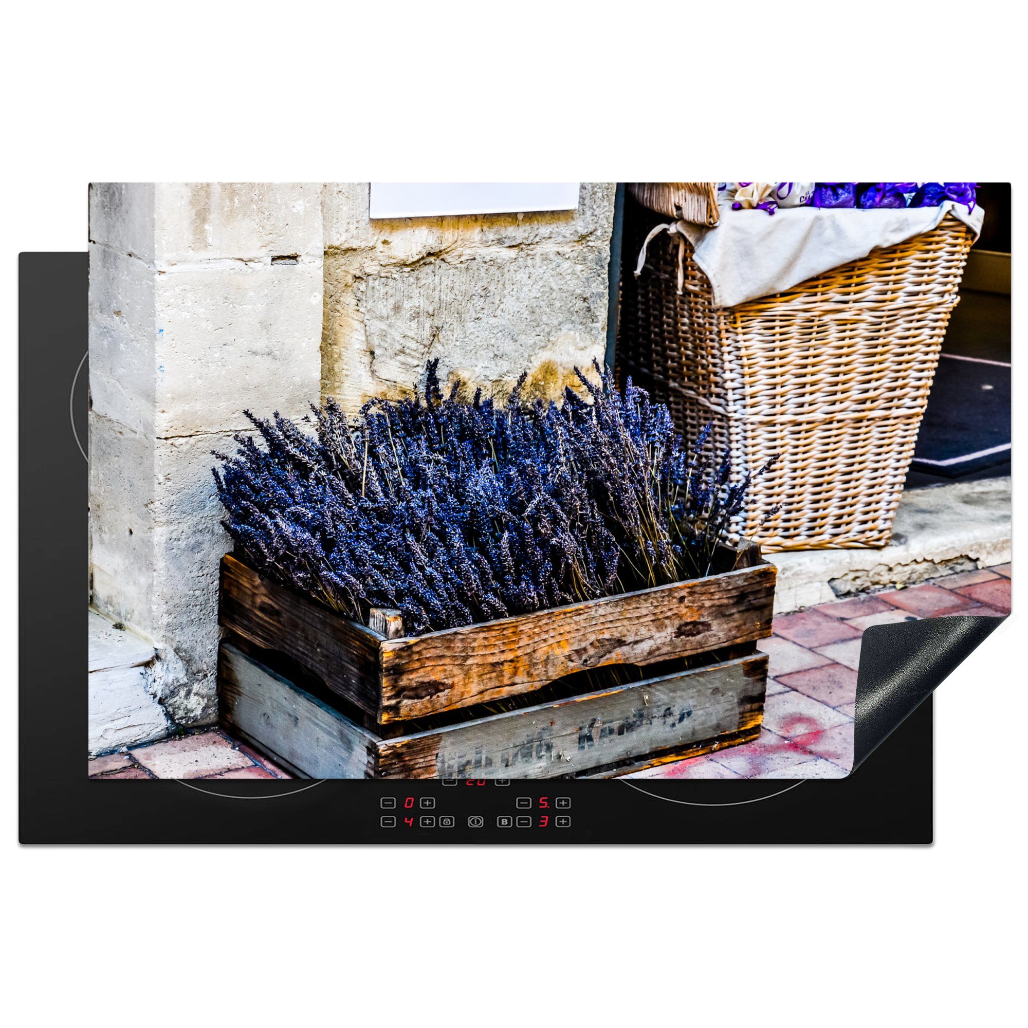 MuchoWow Herdblende-/Abdeckplatte Lavendel in einer Kiste auf der Straße, Avignon, Frankreich, Vinyl, (1 tlg), 81x52 cm, Induktionskochfeld Schutz für die küche, Ceranfeldabdeckung | Herdabdeckplatten